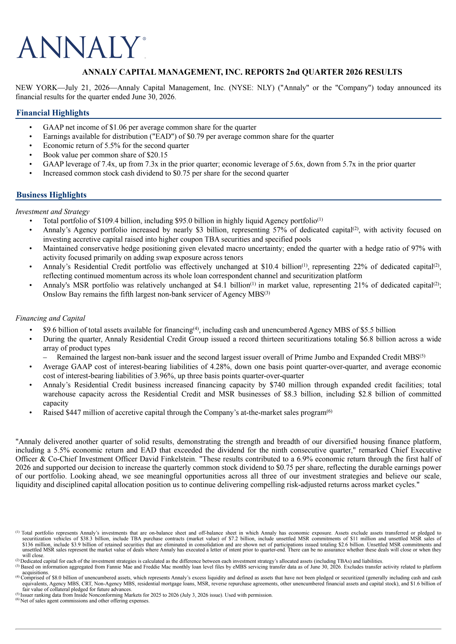 Annaly Capital Management's Q2 2026 Press Release