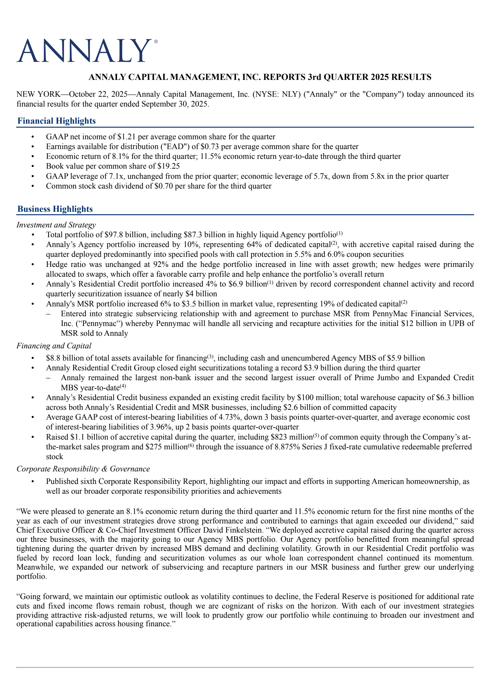 Annaly Capital Management's Q3 2025 Earnings Release