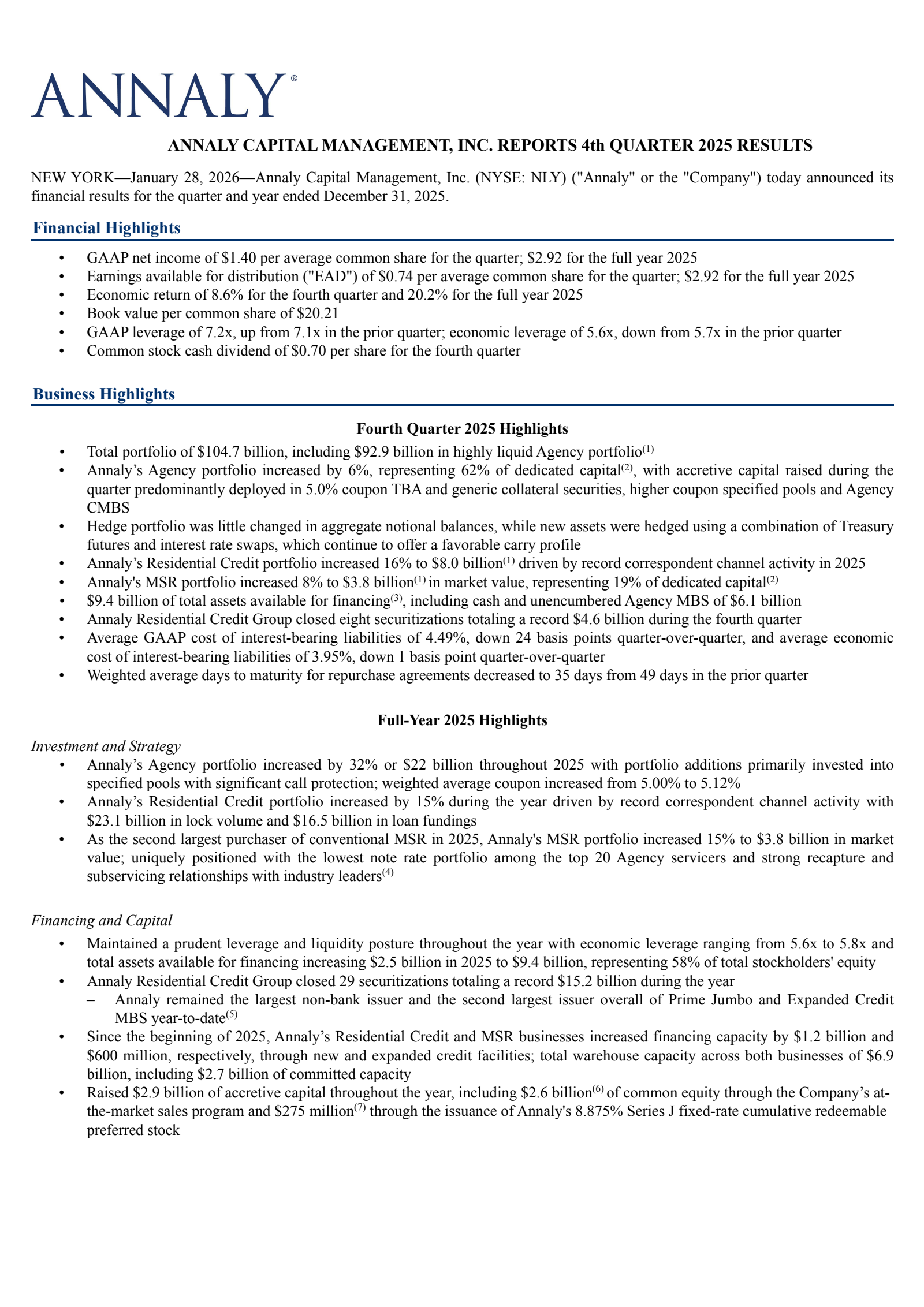 Annaly Capital Management's Q4 2025 Press Release