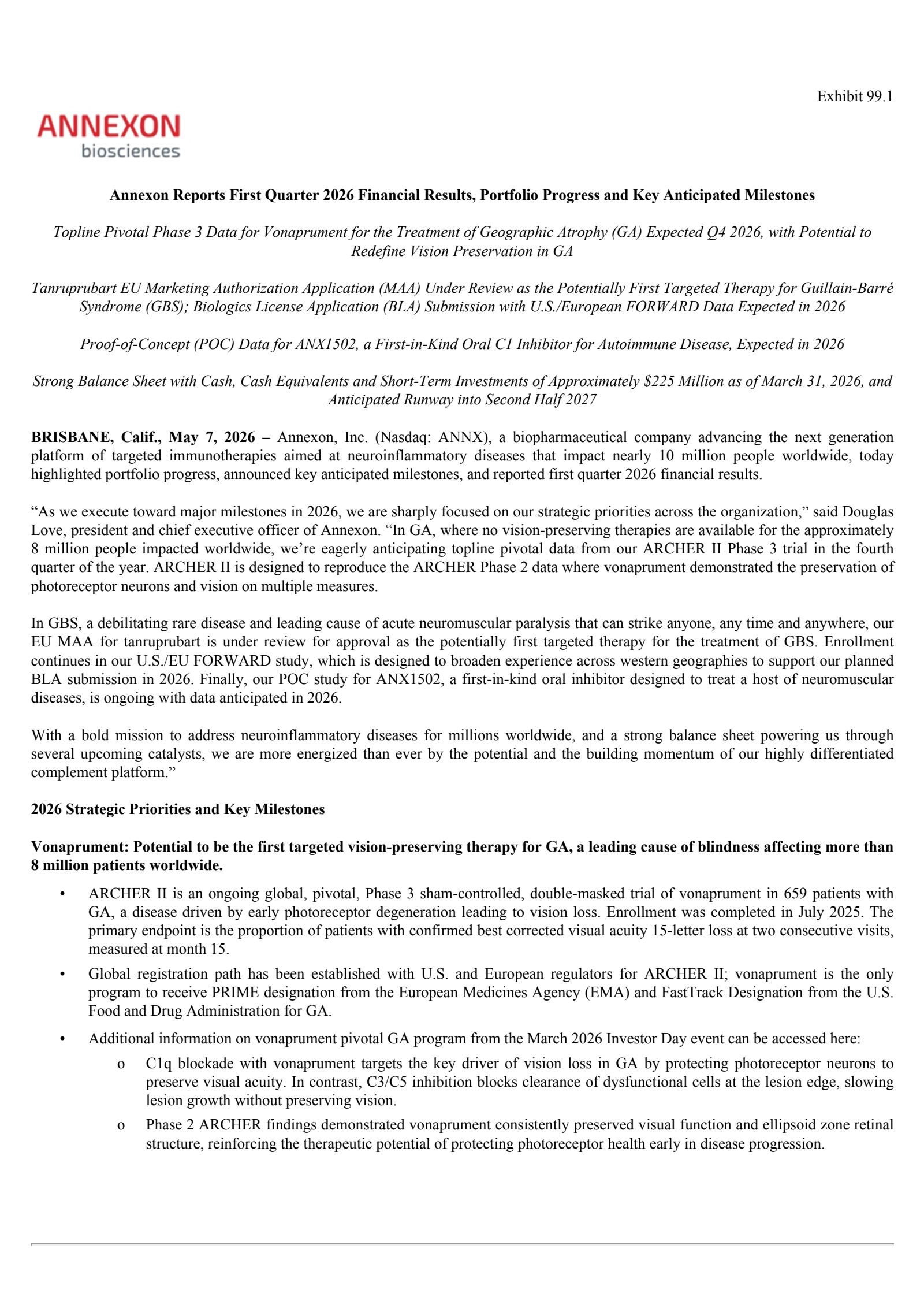 Annexon's Q1 2026 Press Release