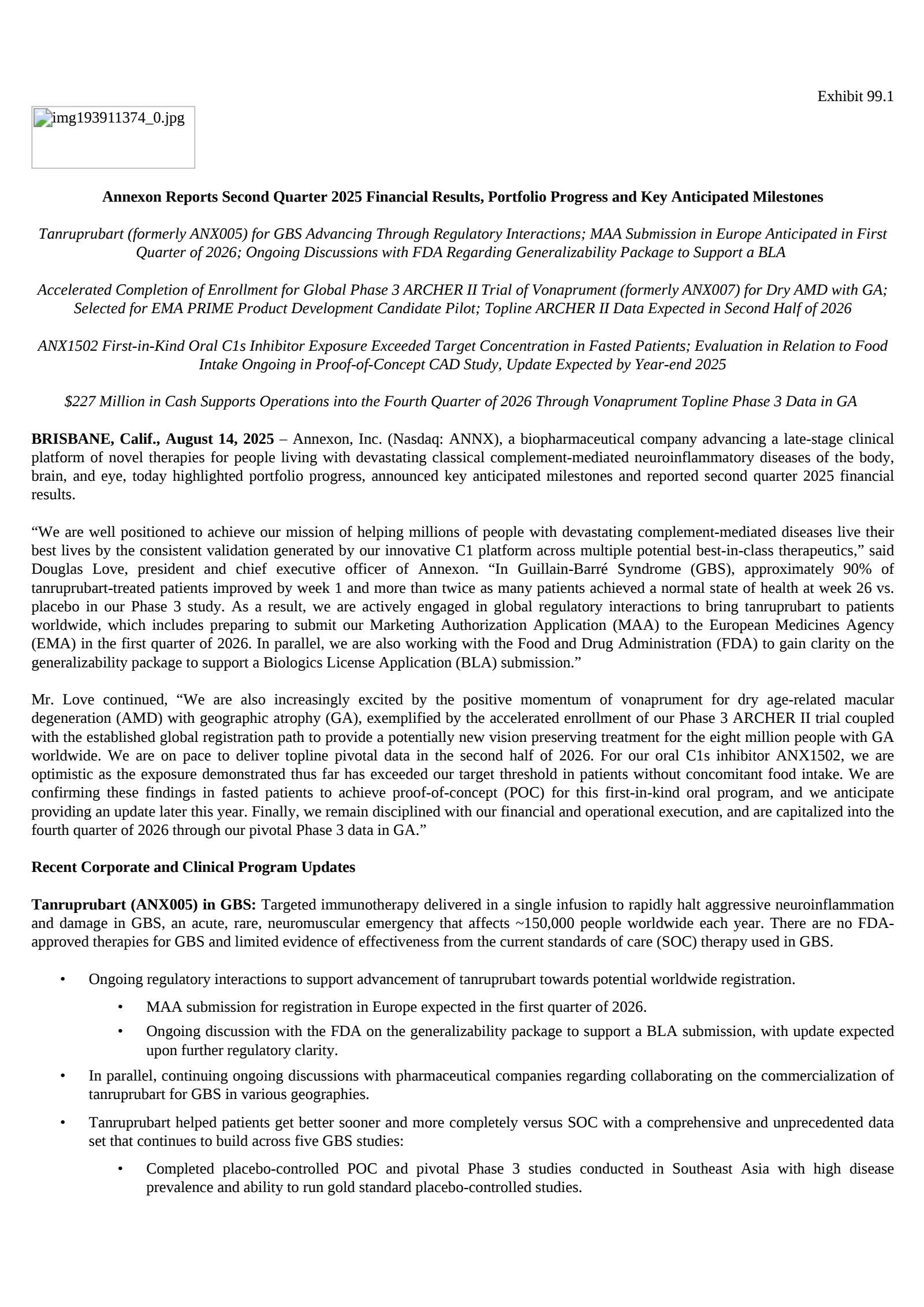 Annexon's Q2 2025 Press Release