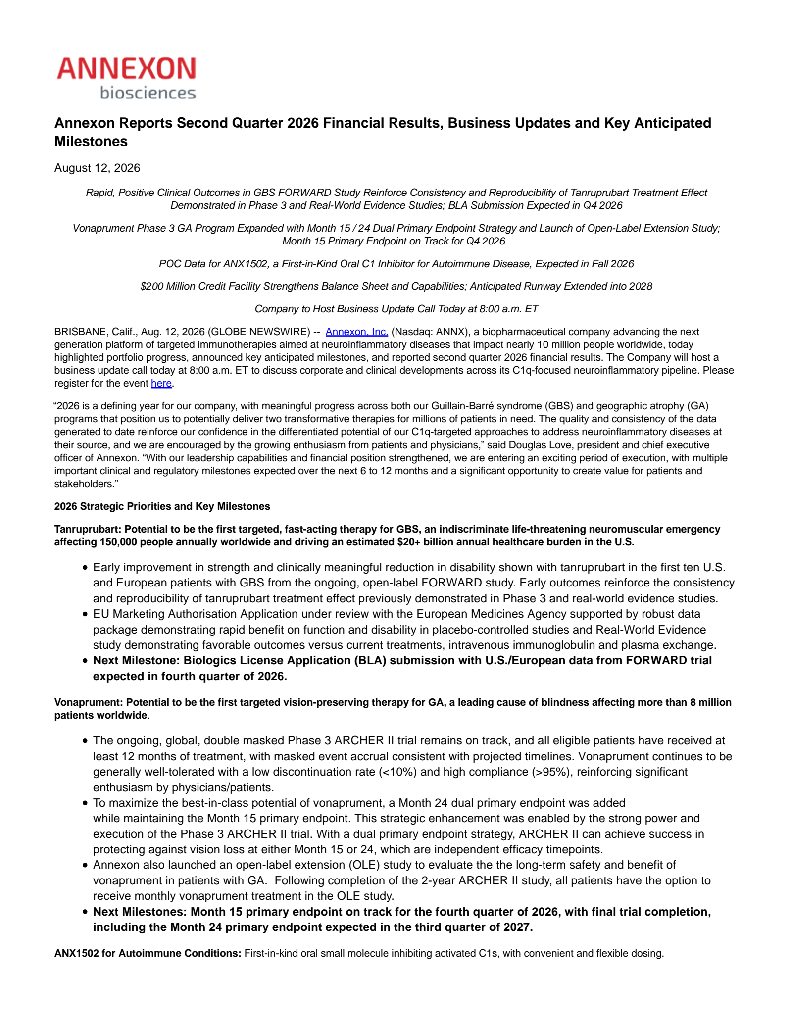 Annexon's Q2 2026 Press Release