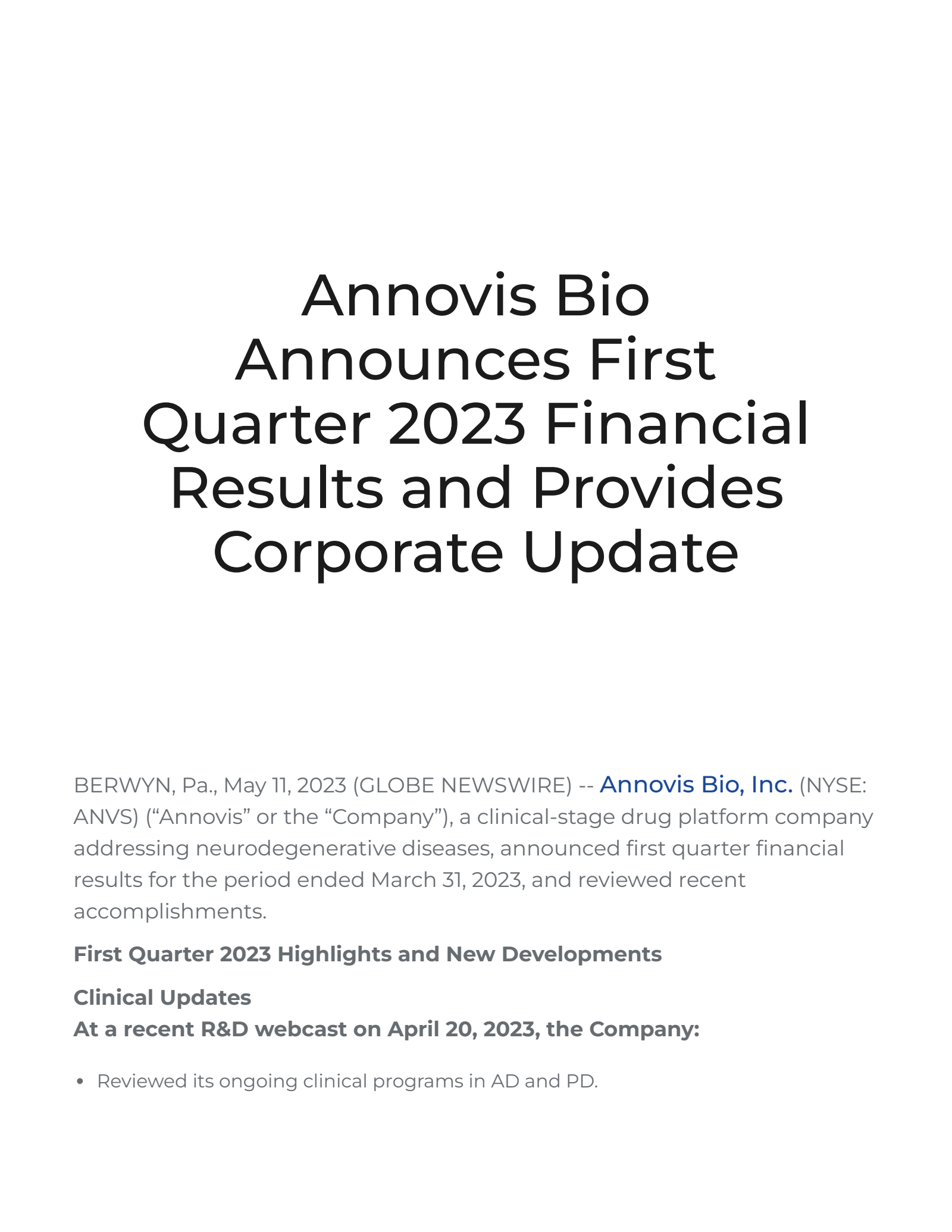 Annovis Bio's Q1 2023 Press Release