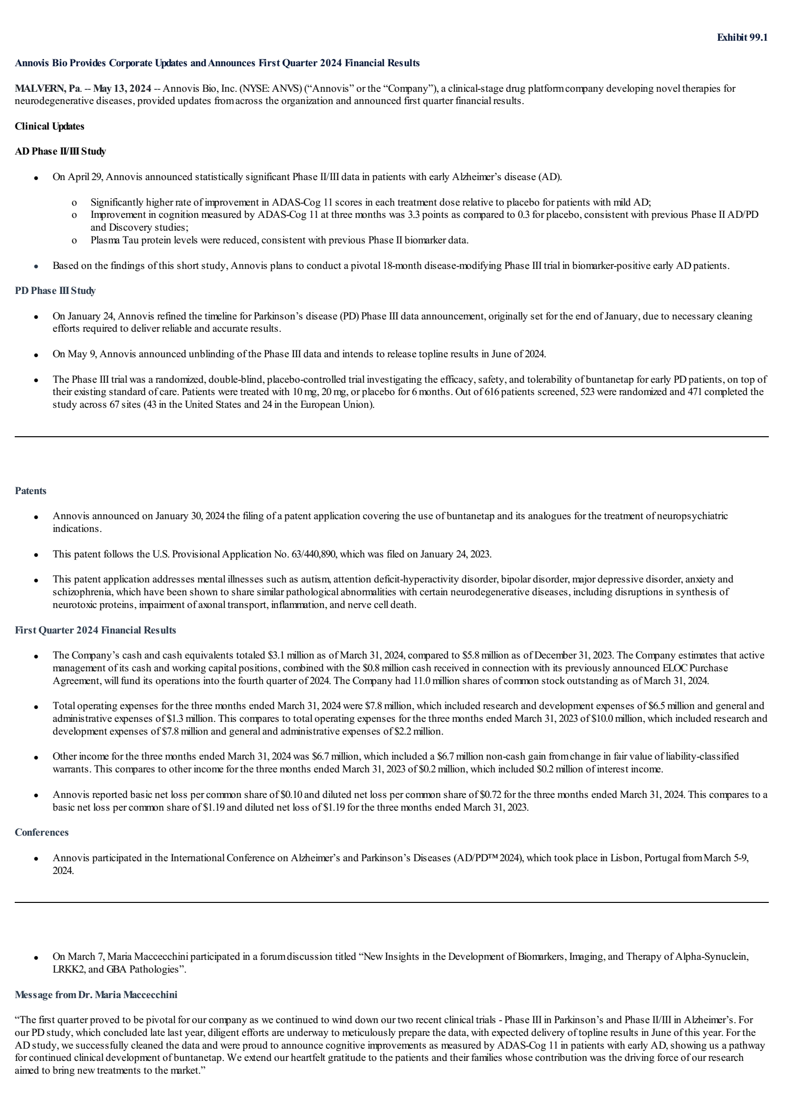Annovis Bio's Q1 2024 Press Release