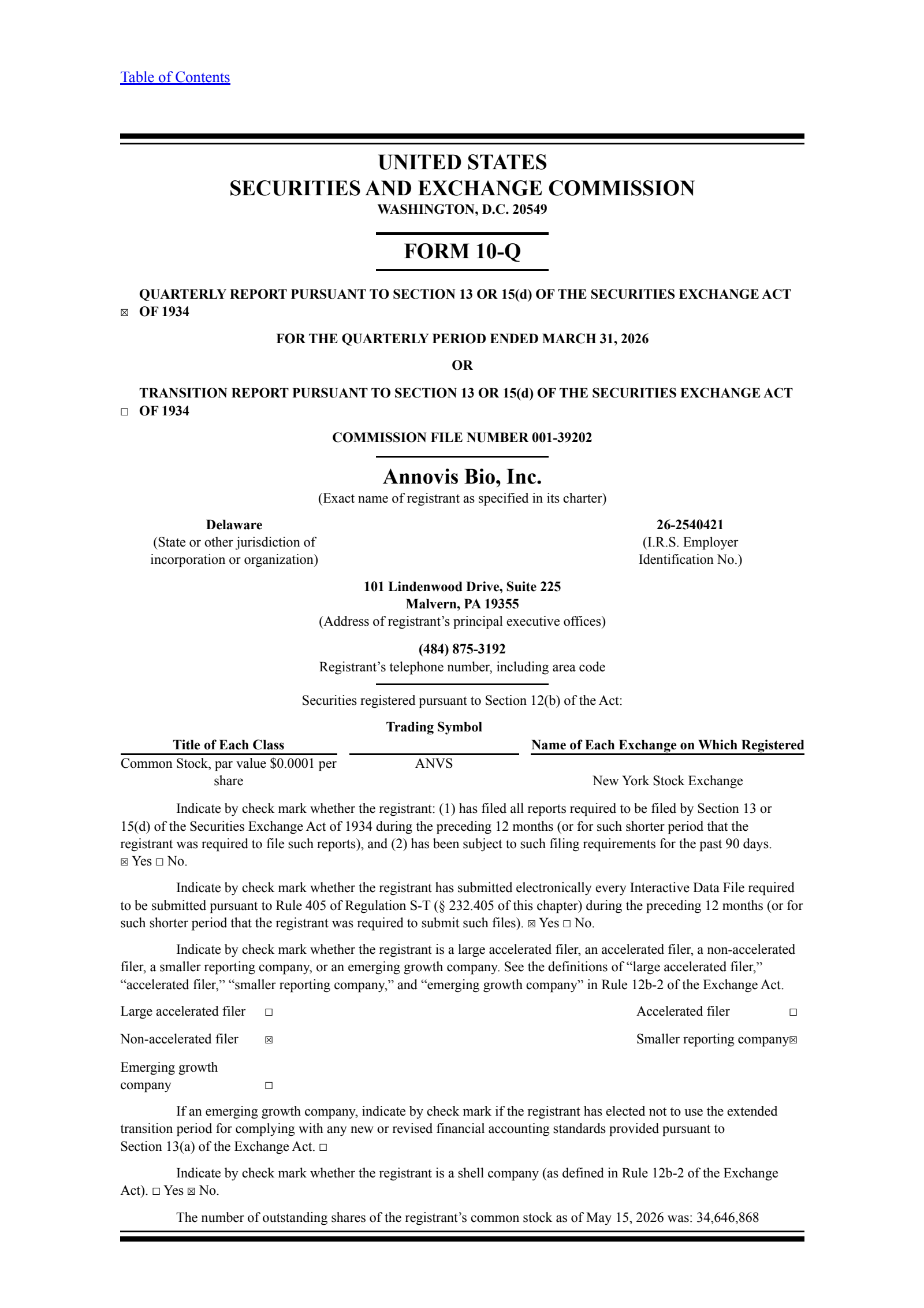 Annovis Bio's Q1 2026 Quarterly report