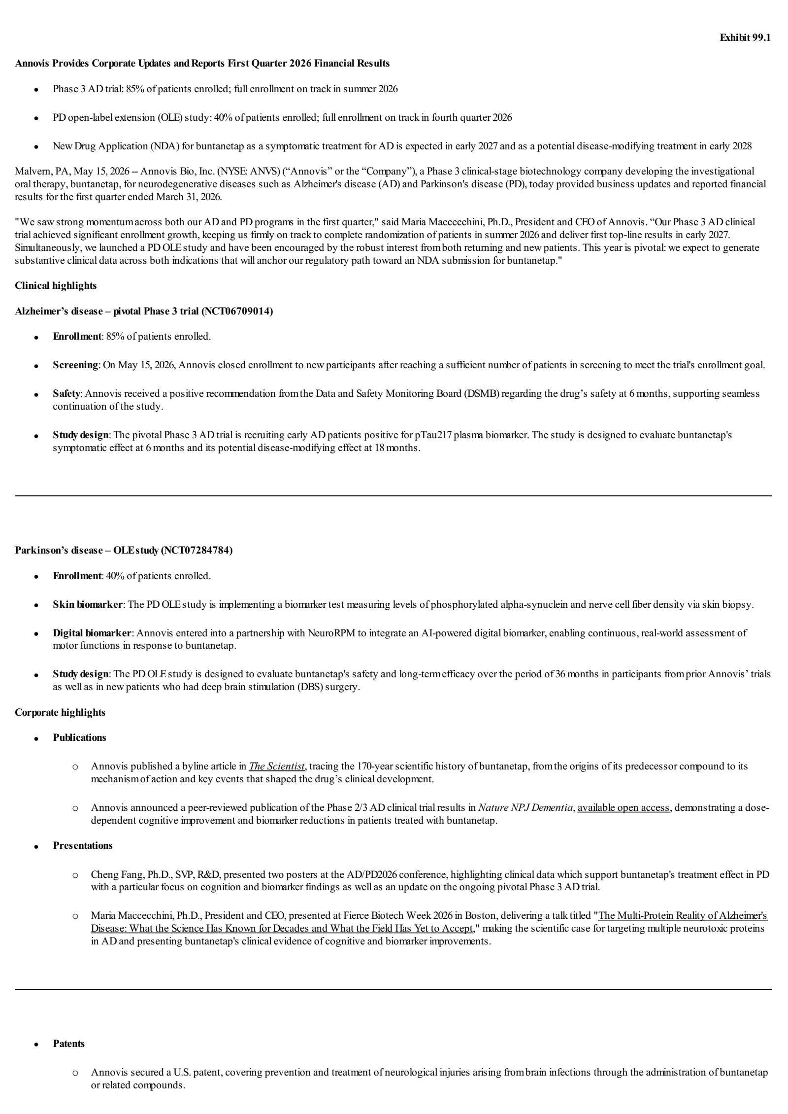 Annovis Bio's Q1 2026 Press Release
