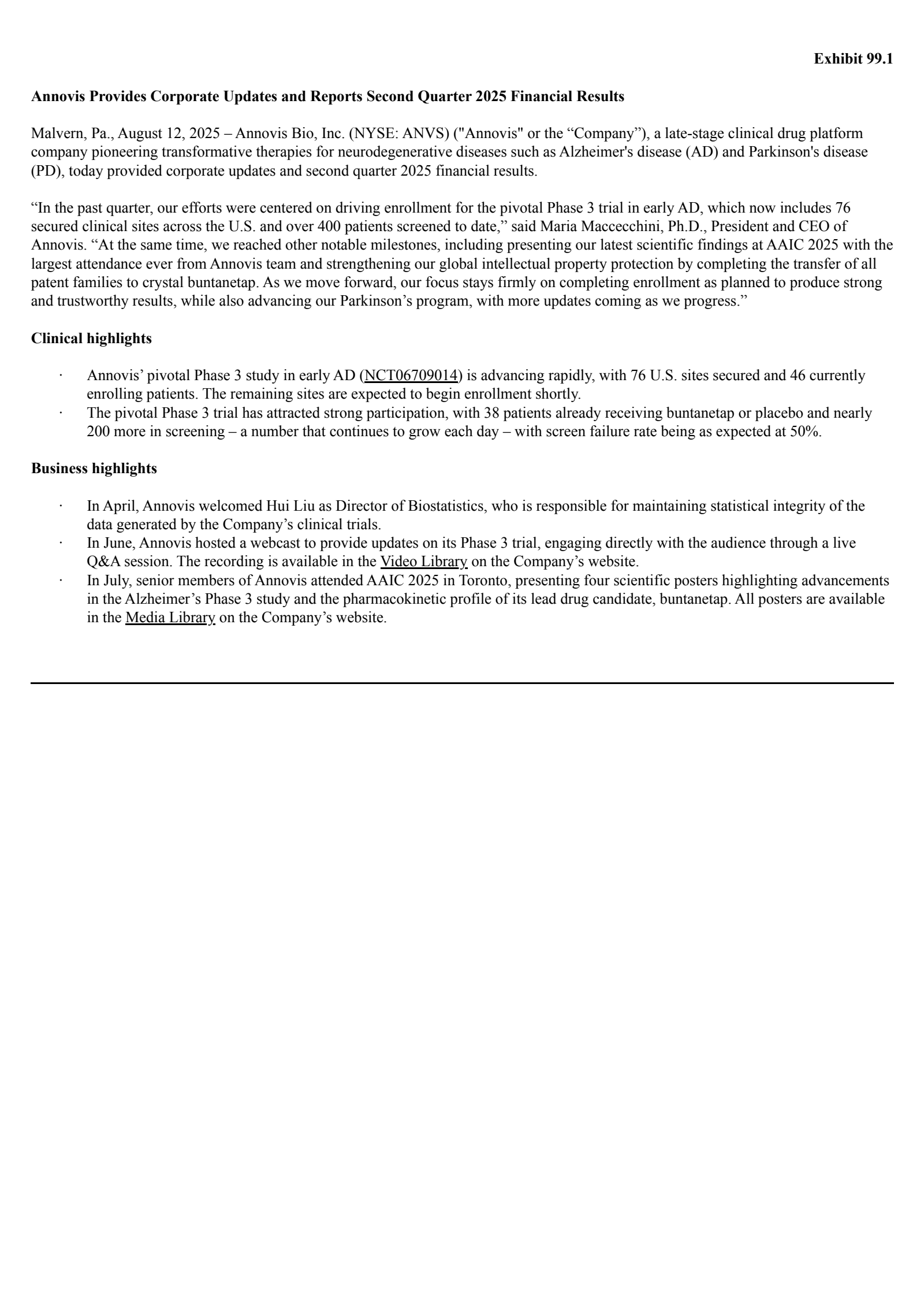 Annovis Bio's Q2 2025 Press Release