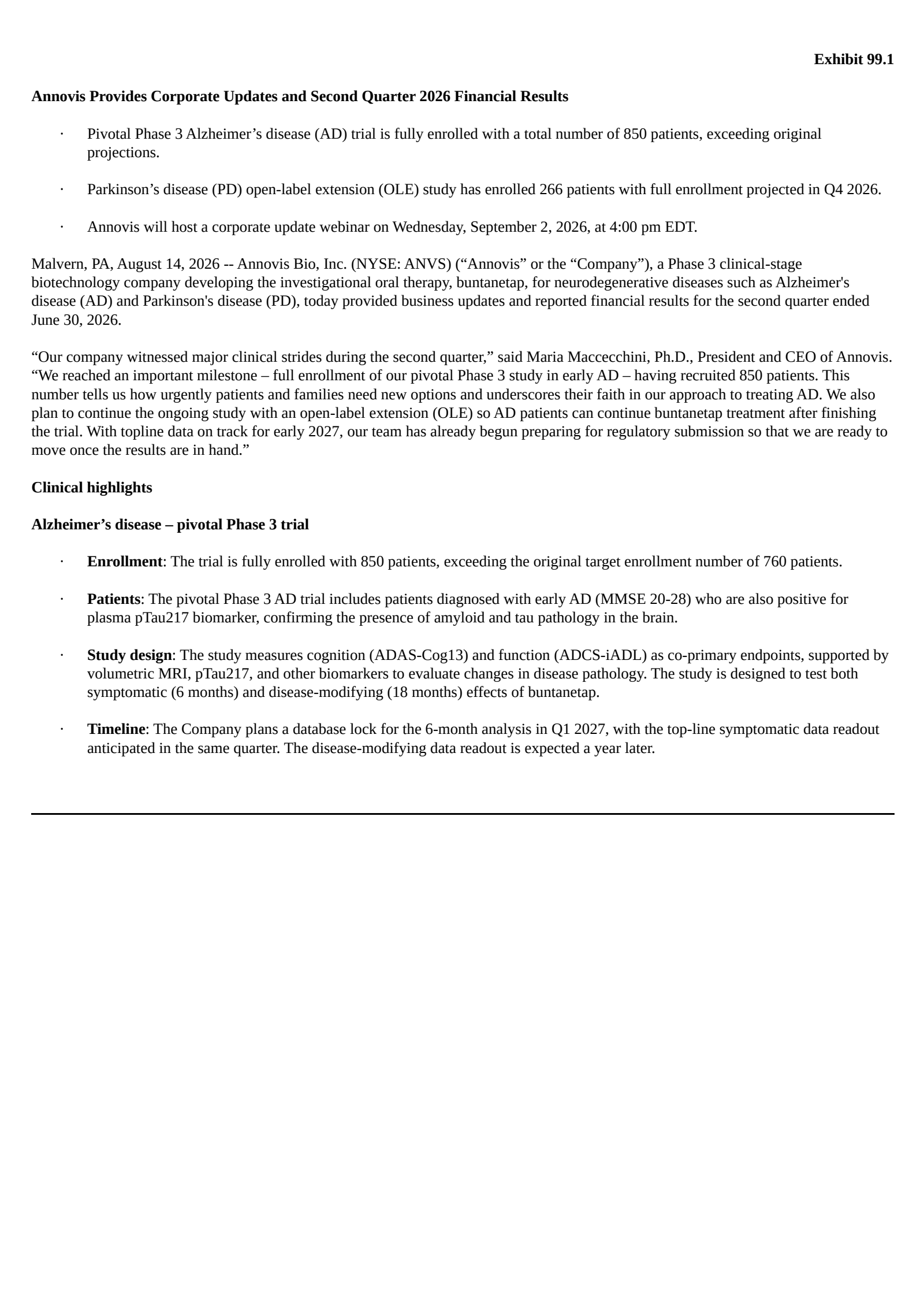 Annovis Bio's Q2 2026 Press Release