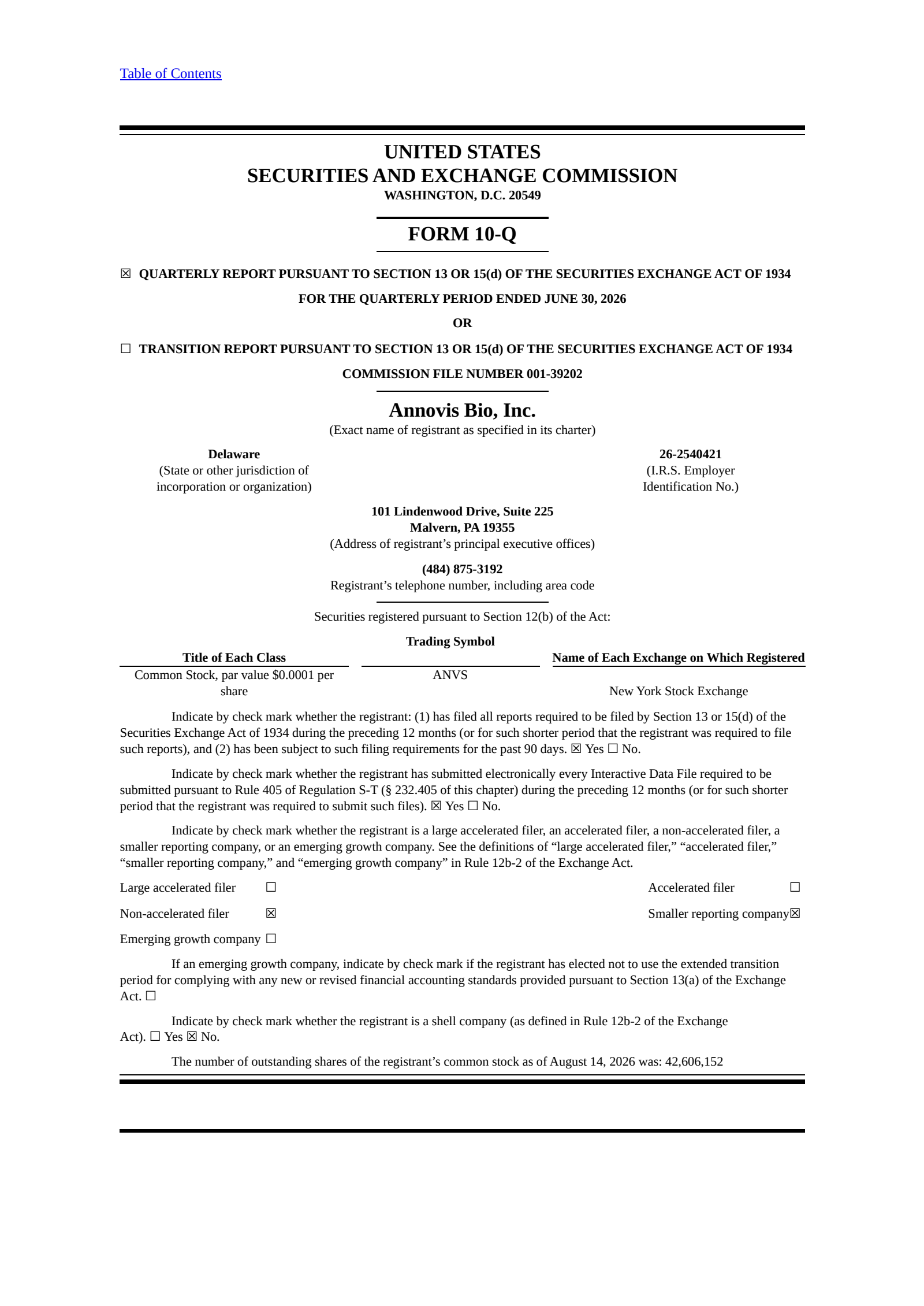 Annovis Bio's Q2 2026 Quarterly report