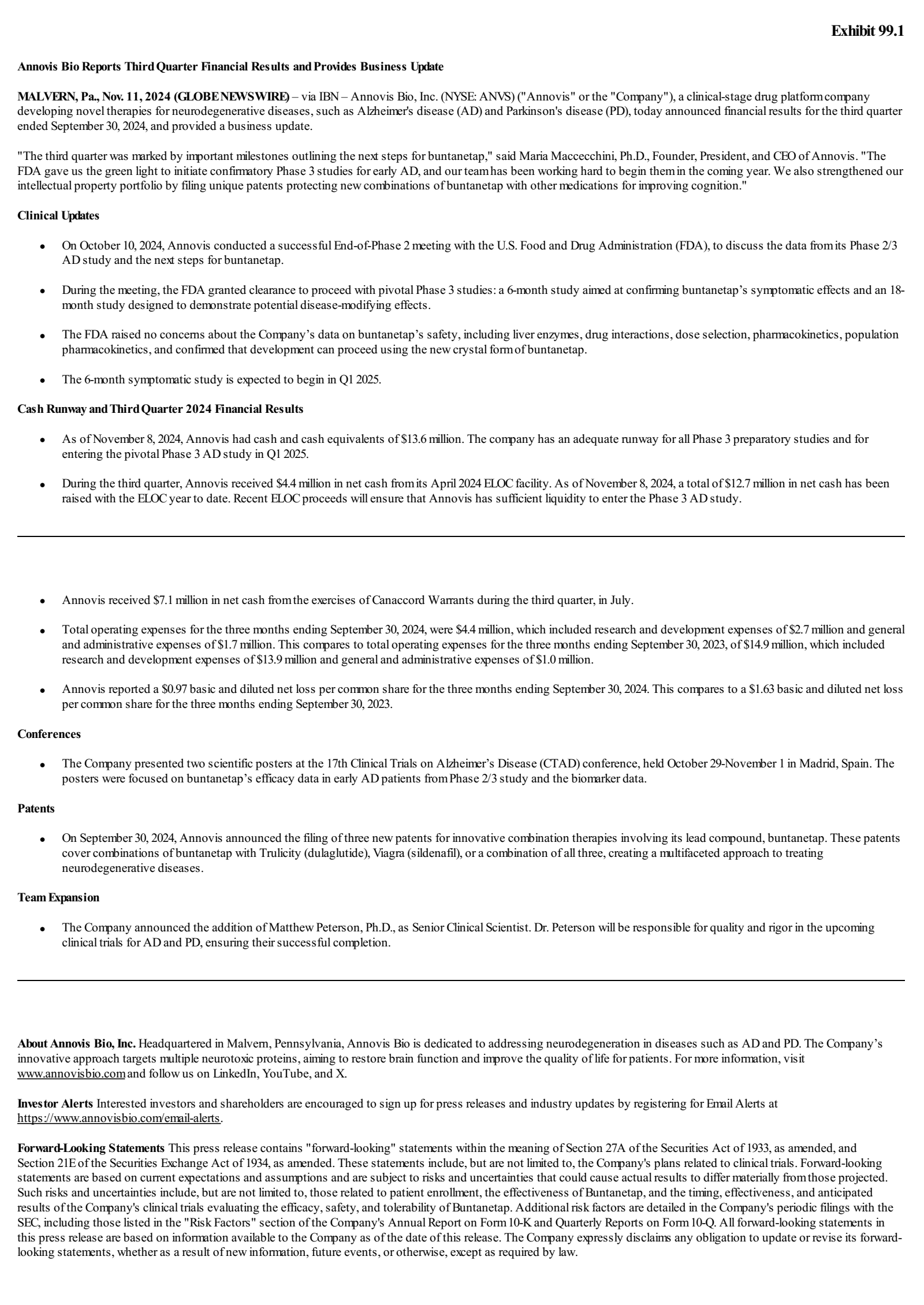 Annovis Bio's Q3 2024 Press Release