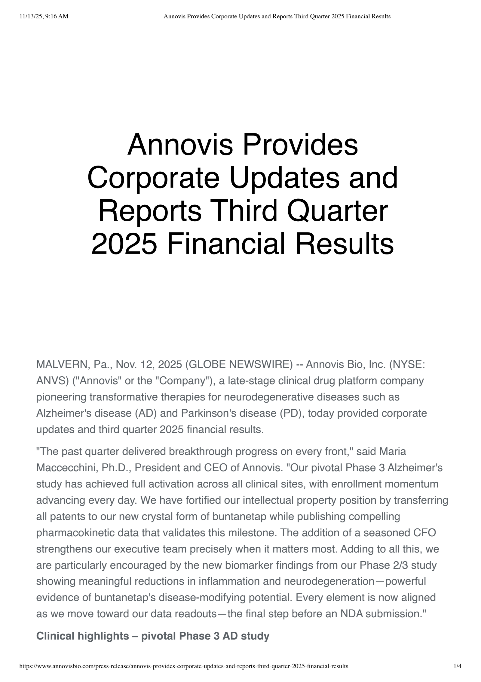 Annovis Bio's Q3 2025 Earnings Release