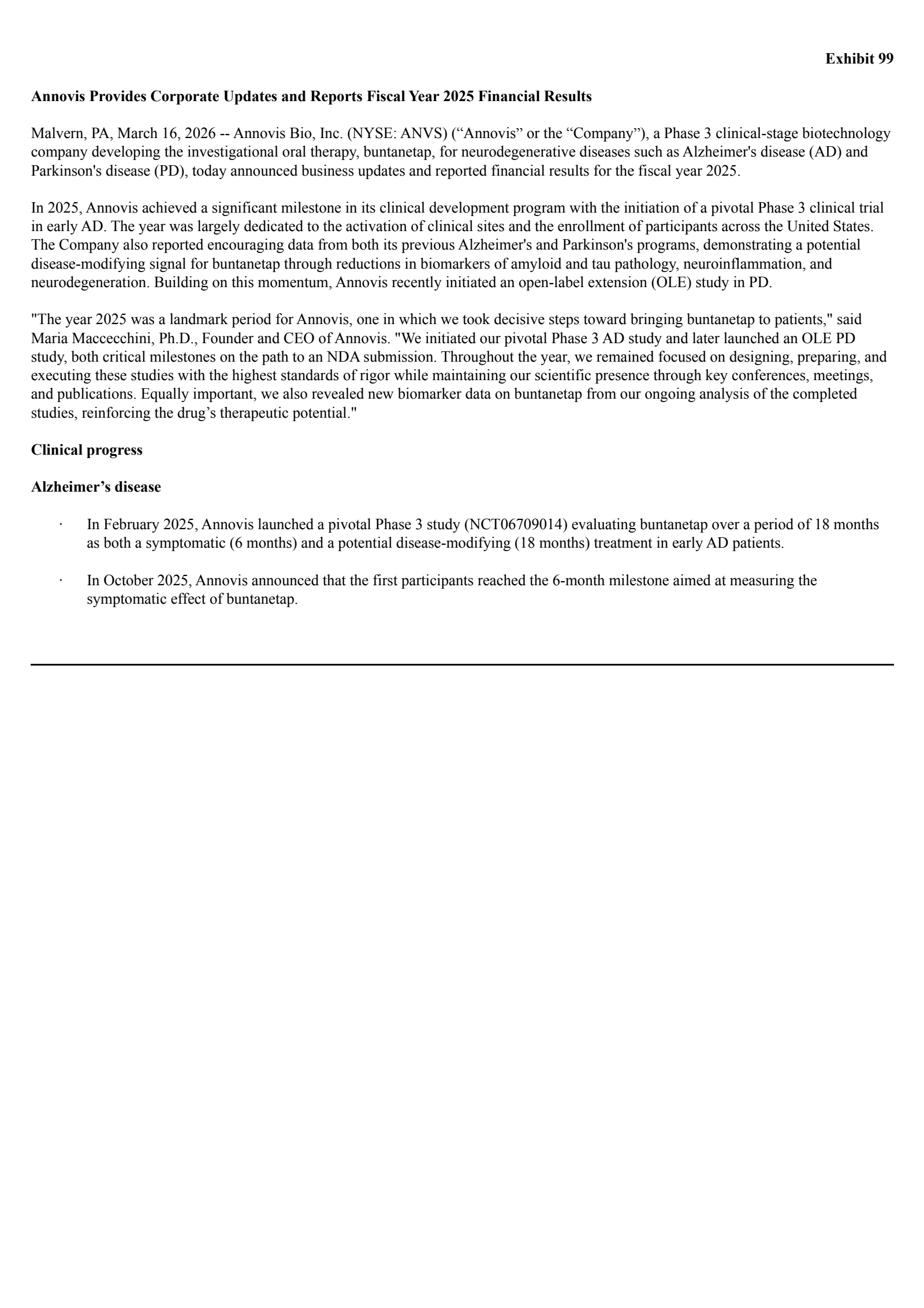 Annovis Bio's Q4 2025 Press Release