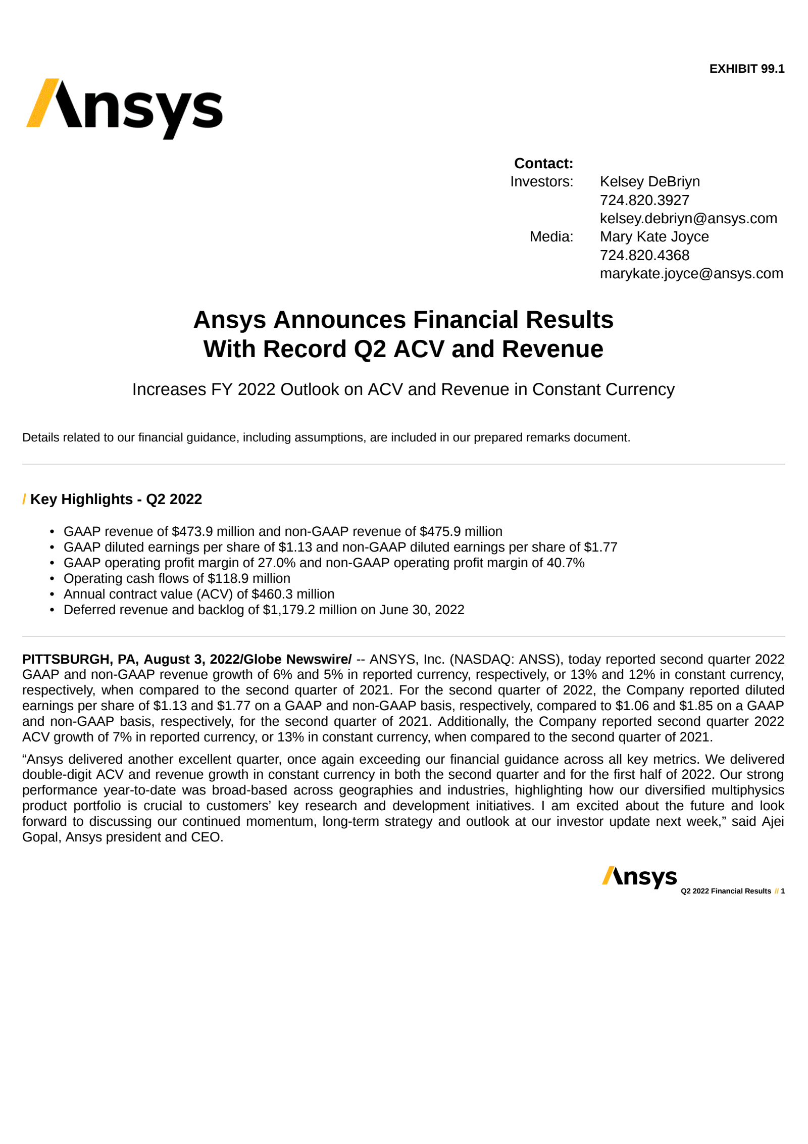 ANSYS's Q2 2022 Press Release