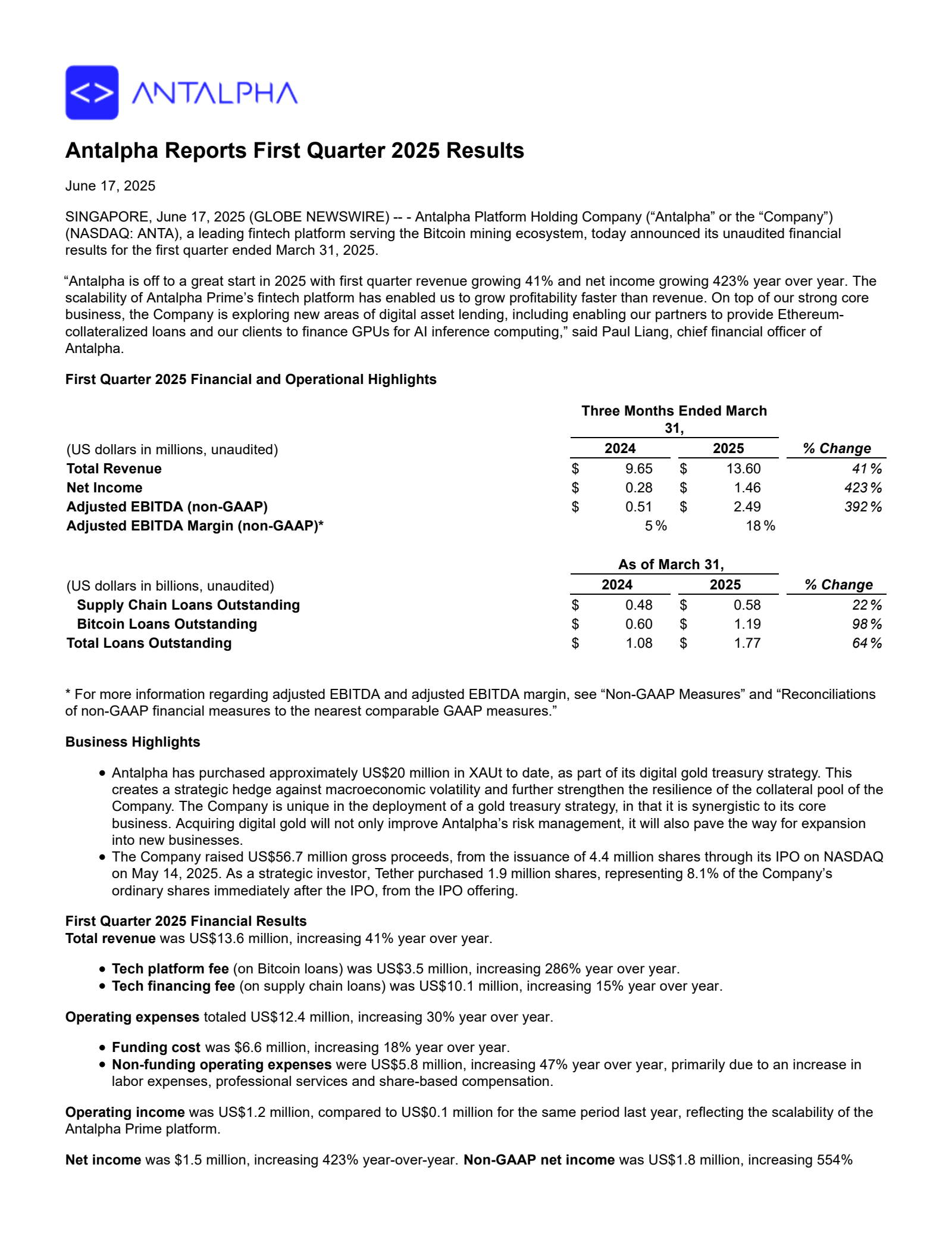 Antalpha Platform's Q1 2025 Press Release