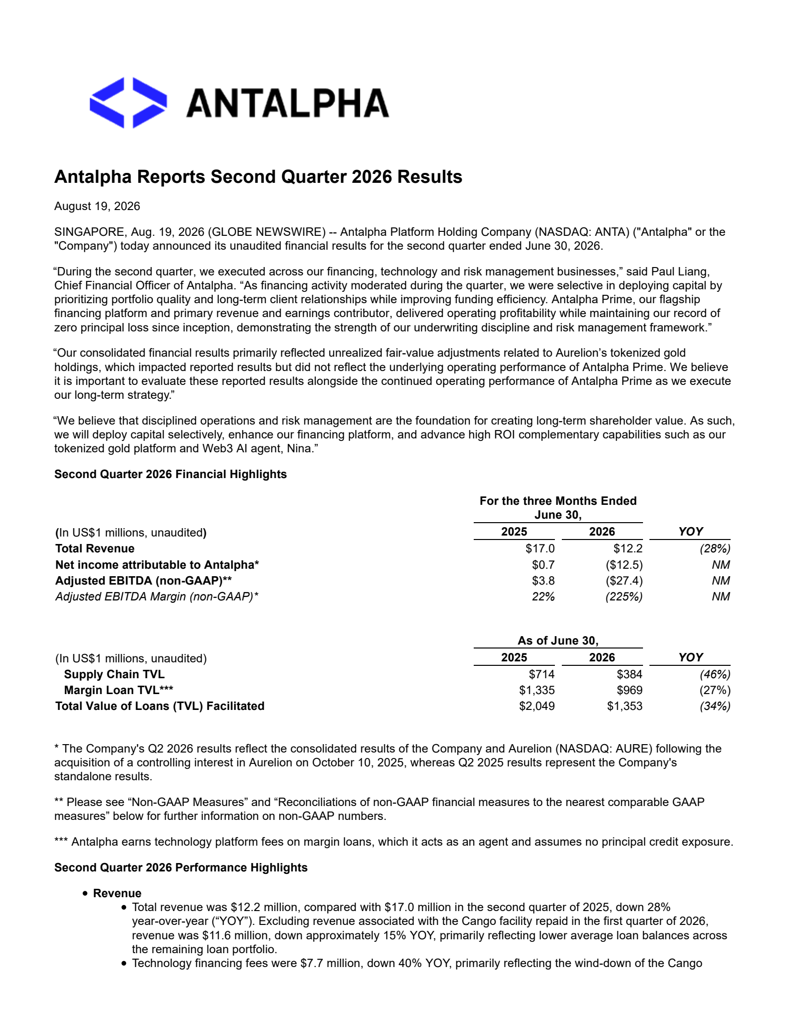 Antalpha Platform's Q2 2026 Press Release
