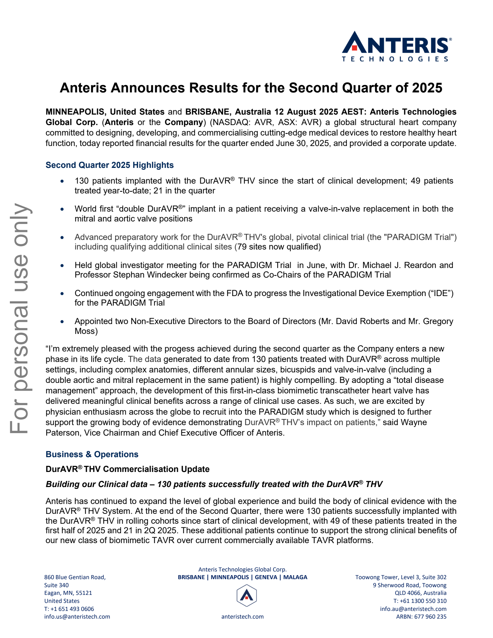 Anteris Technologies Global's Q2 2025 TU Interim report