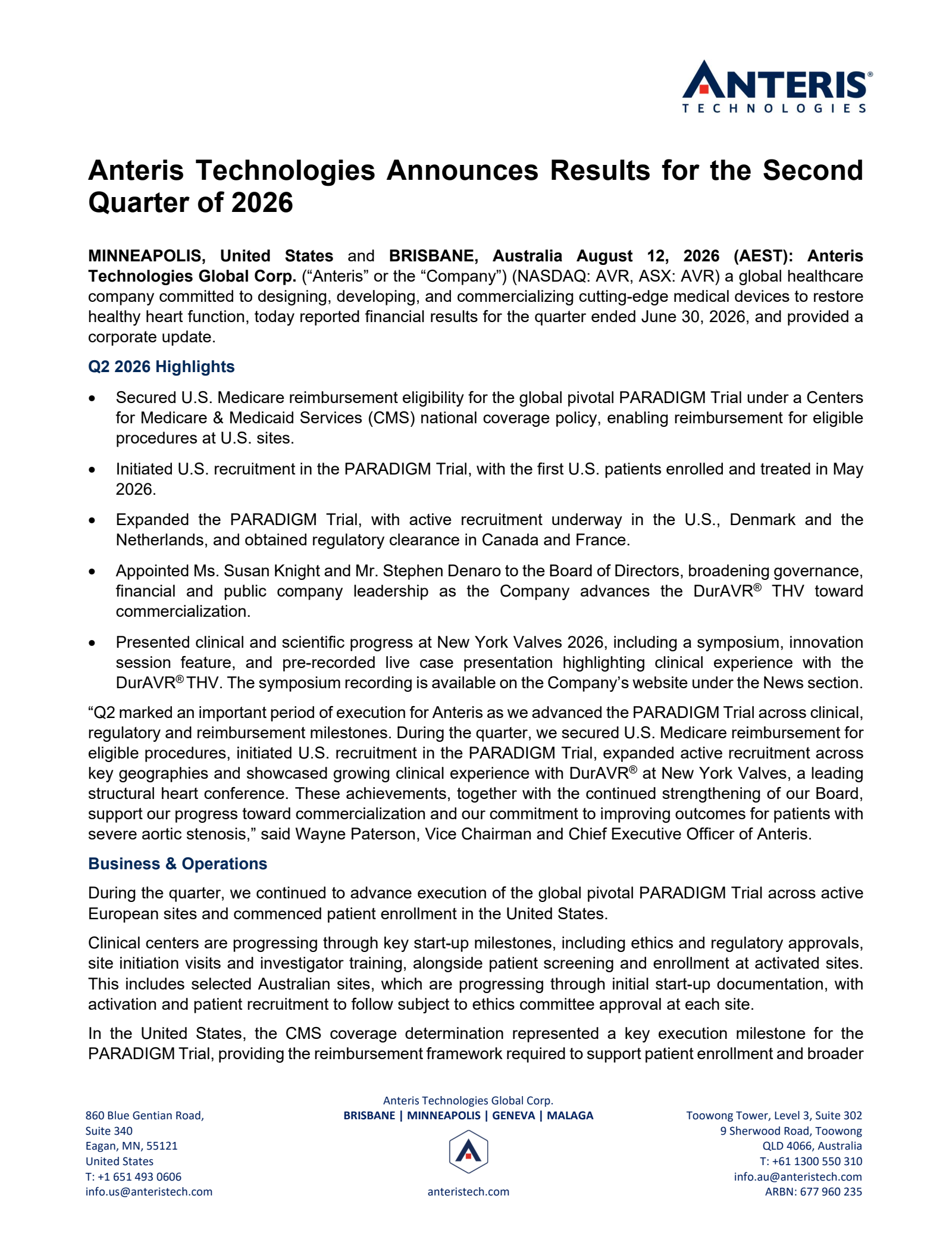Anteris Technologies Global's Q2 2026 TU Press Release