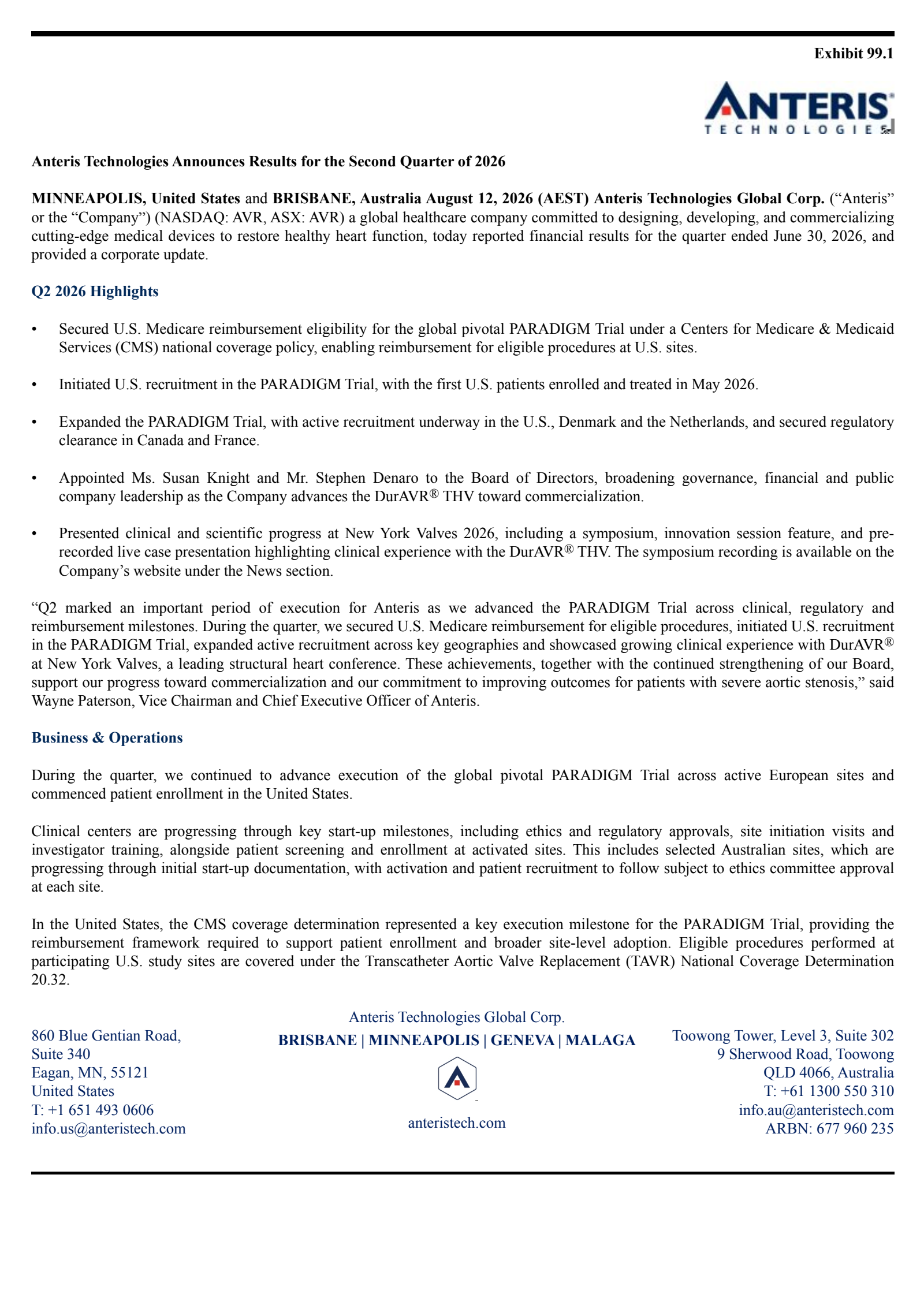Anteris Technologies Global's Q2 2026 TU Press Release