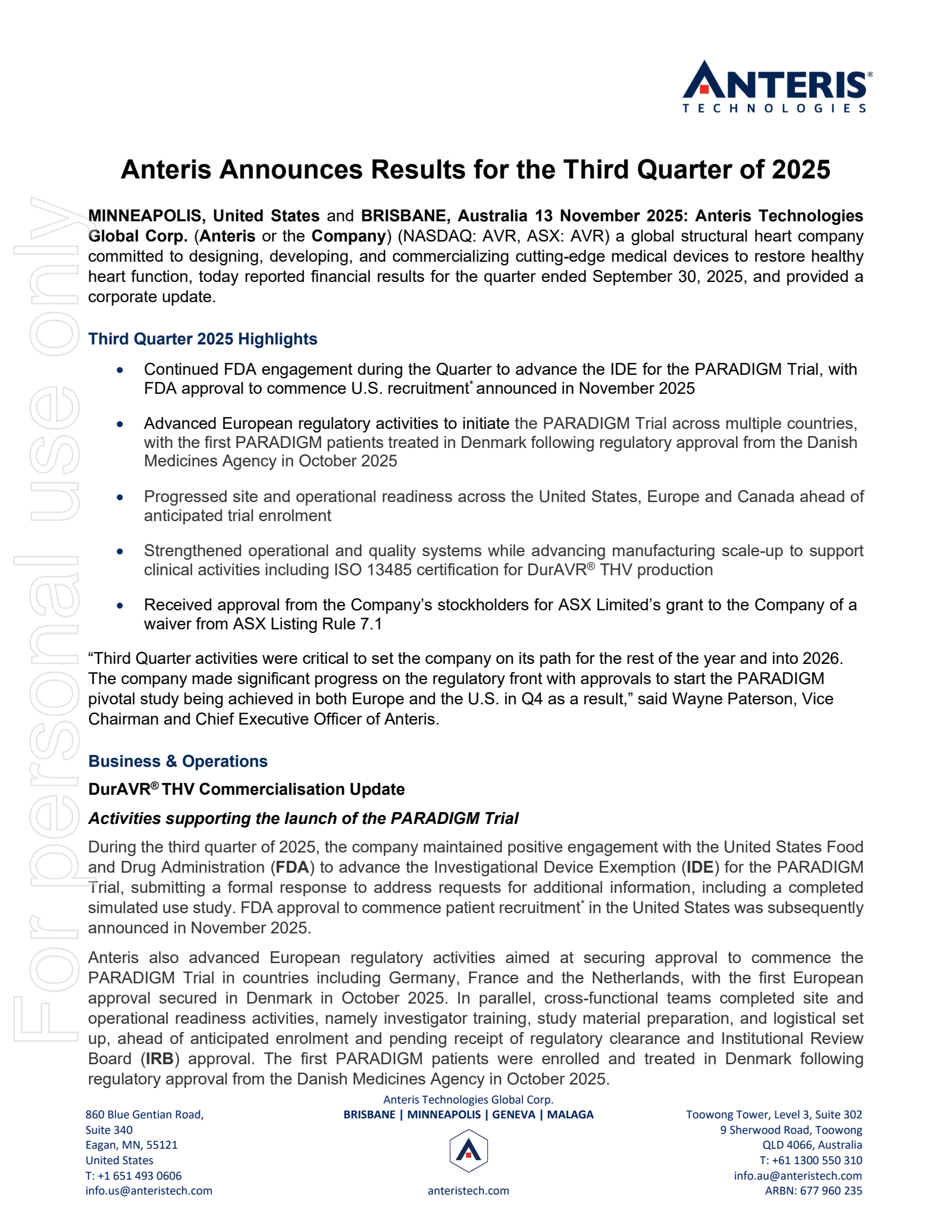 Anteris Technologies Global's Q3 2025 TU Earnings Release