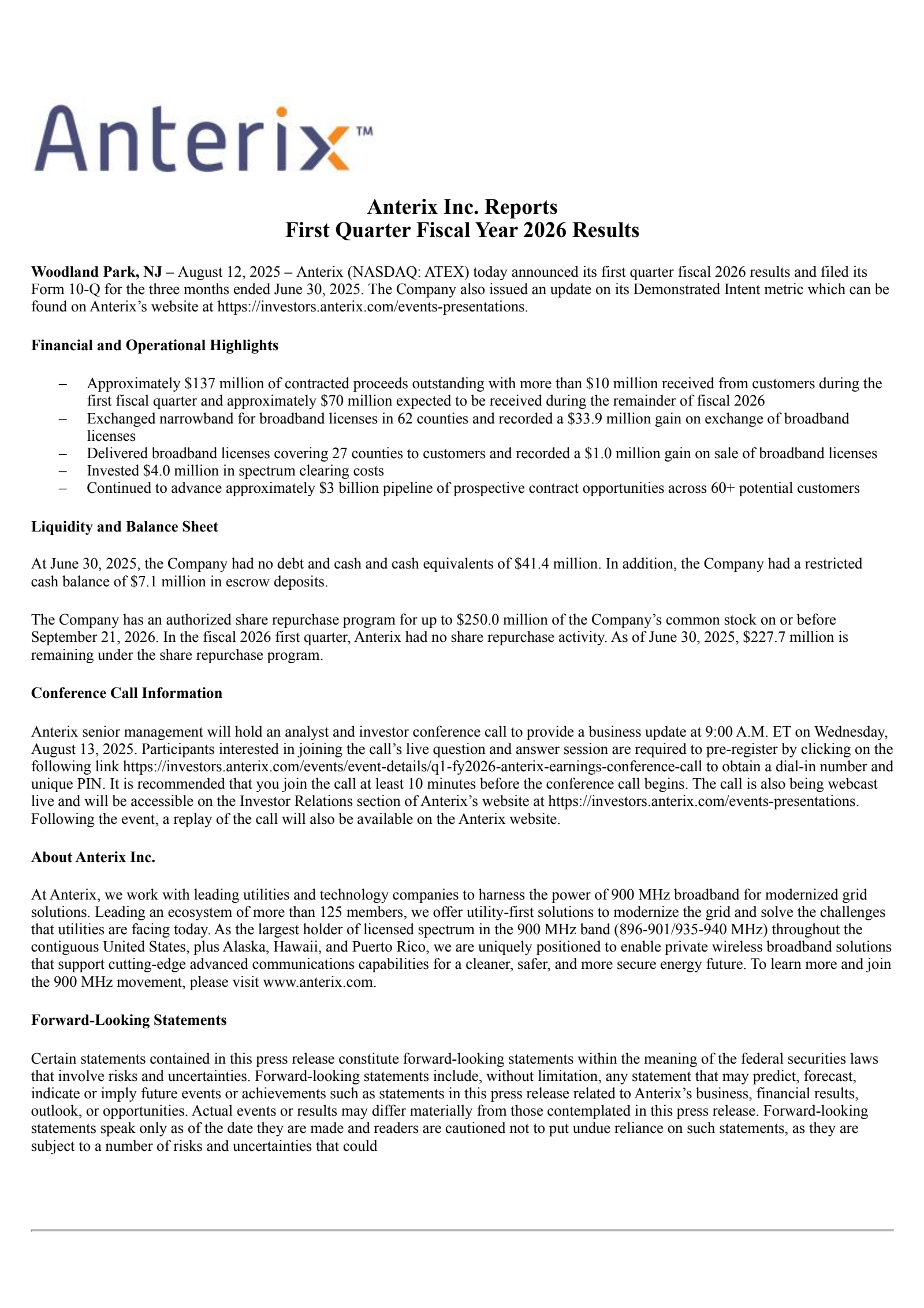 Anterix's Q1 2026 Press Release