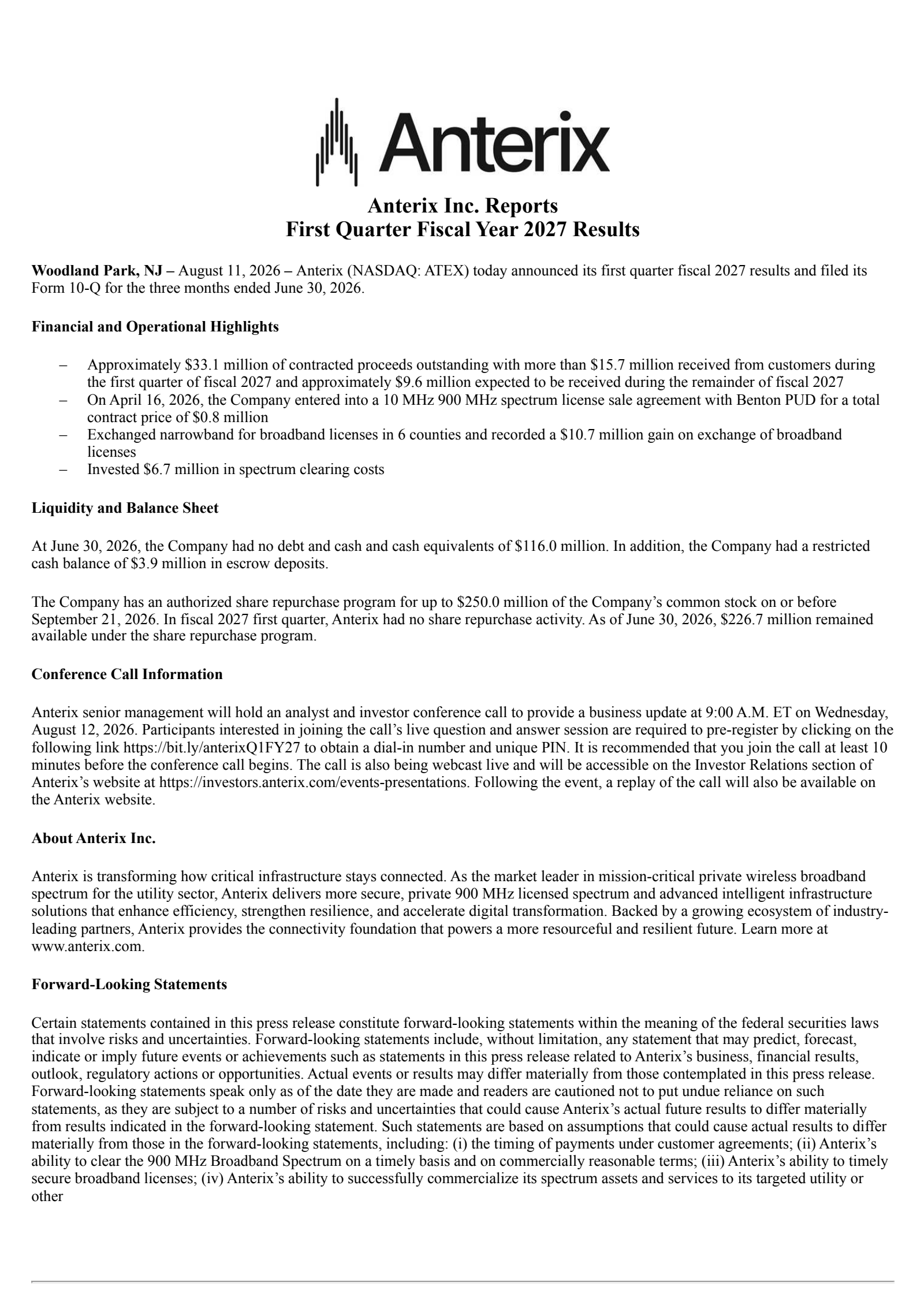 Anterix's Q1 2027 Press Release