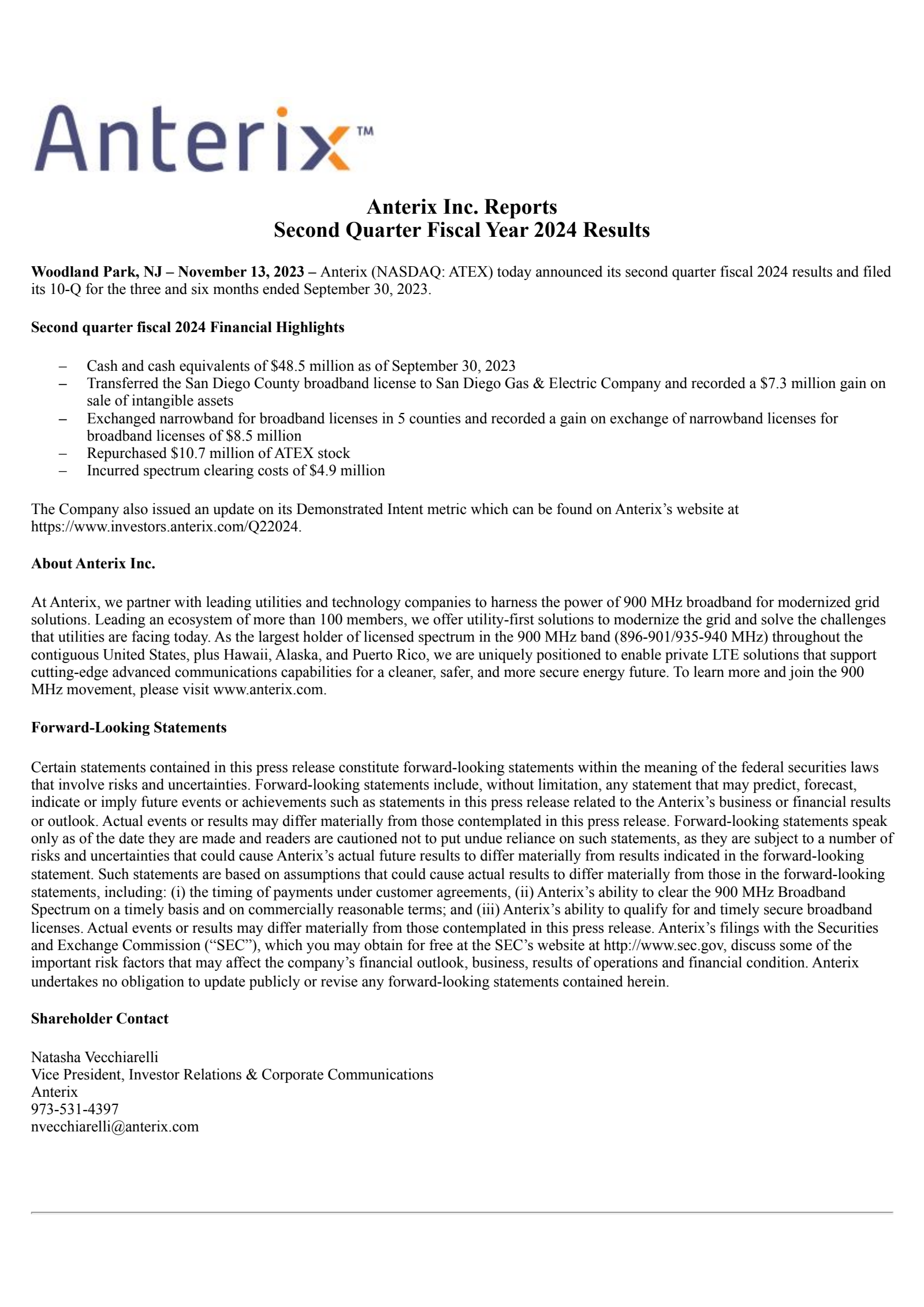 Anterix's Q2 2024 Press Release