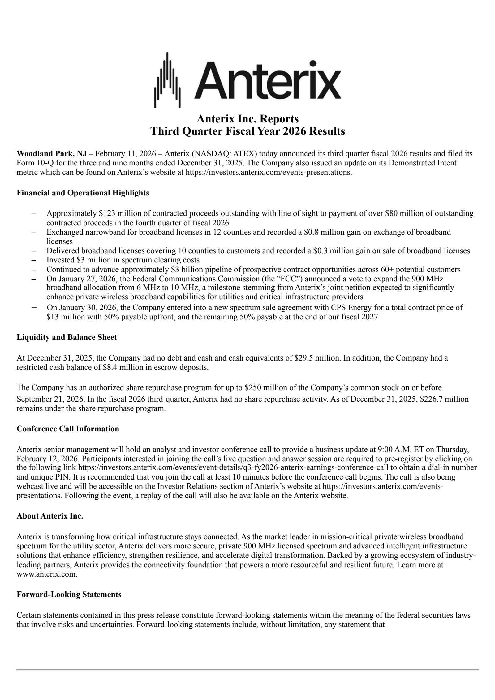 Anterix's Q3 2026 Press Release