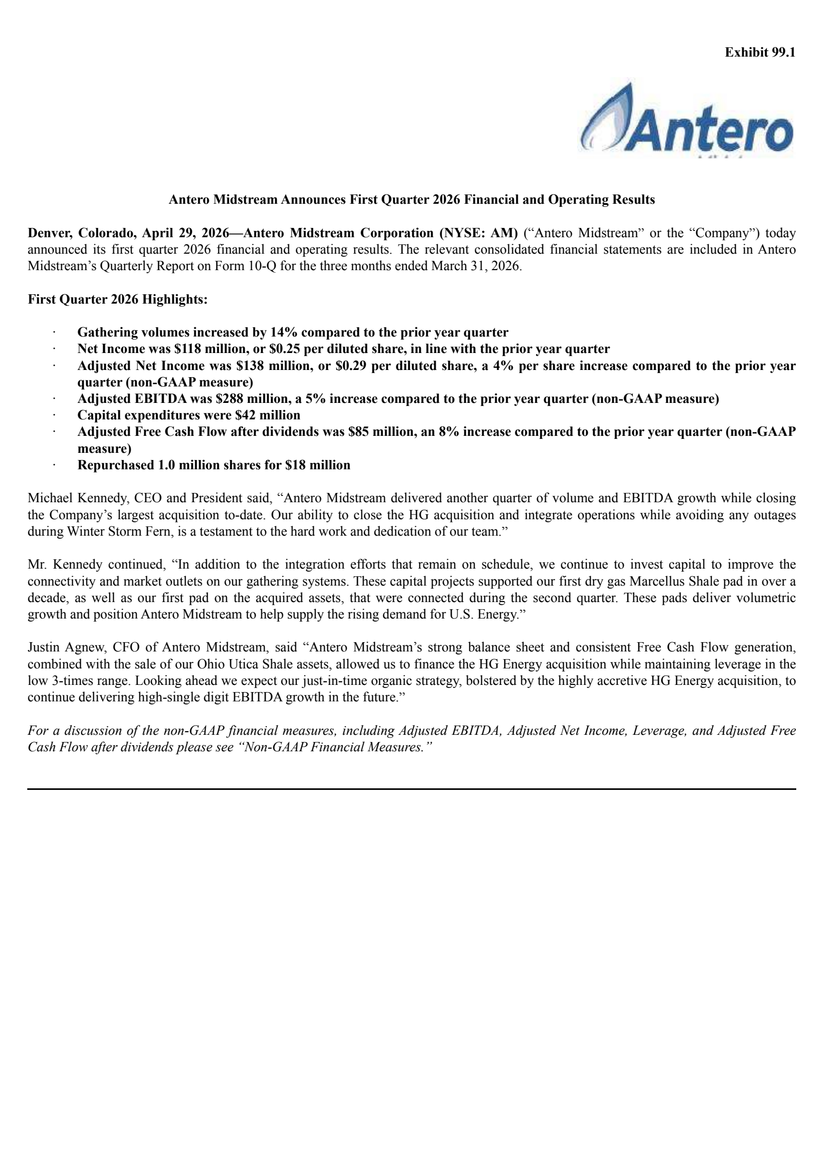 Antero Midstream's Q1 2026 Press Release