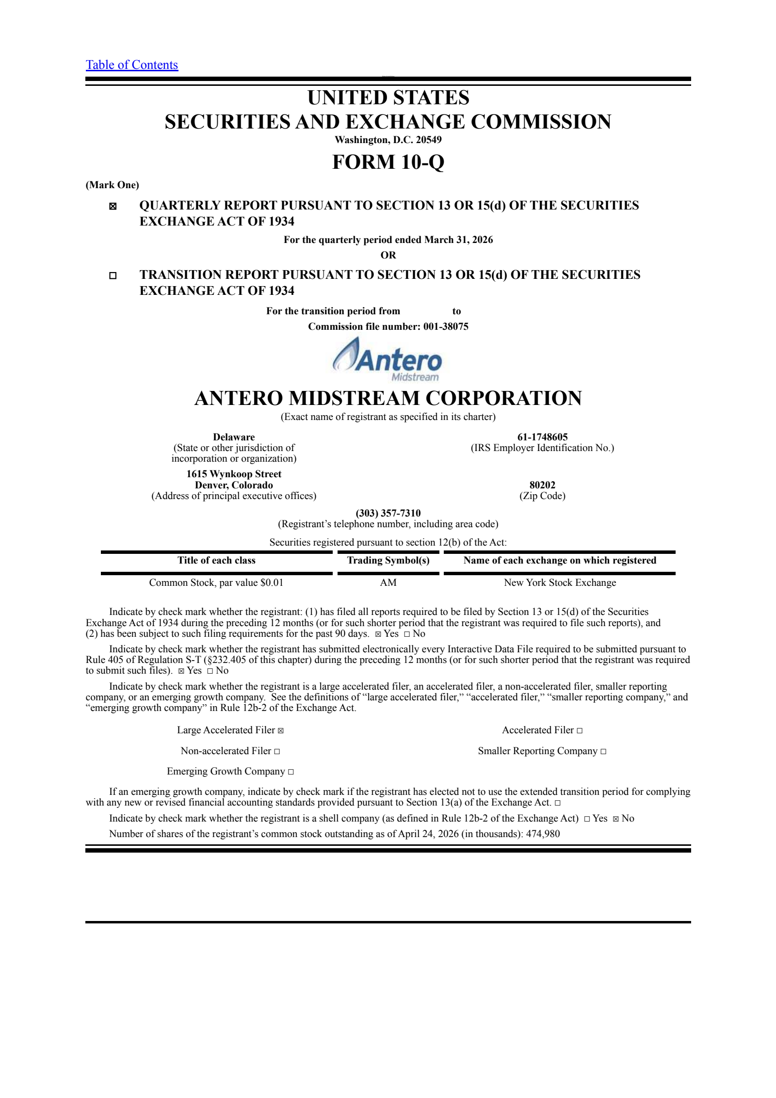Antero Midstream's Q1 2026 Quarterly report