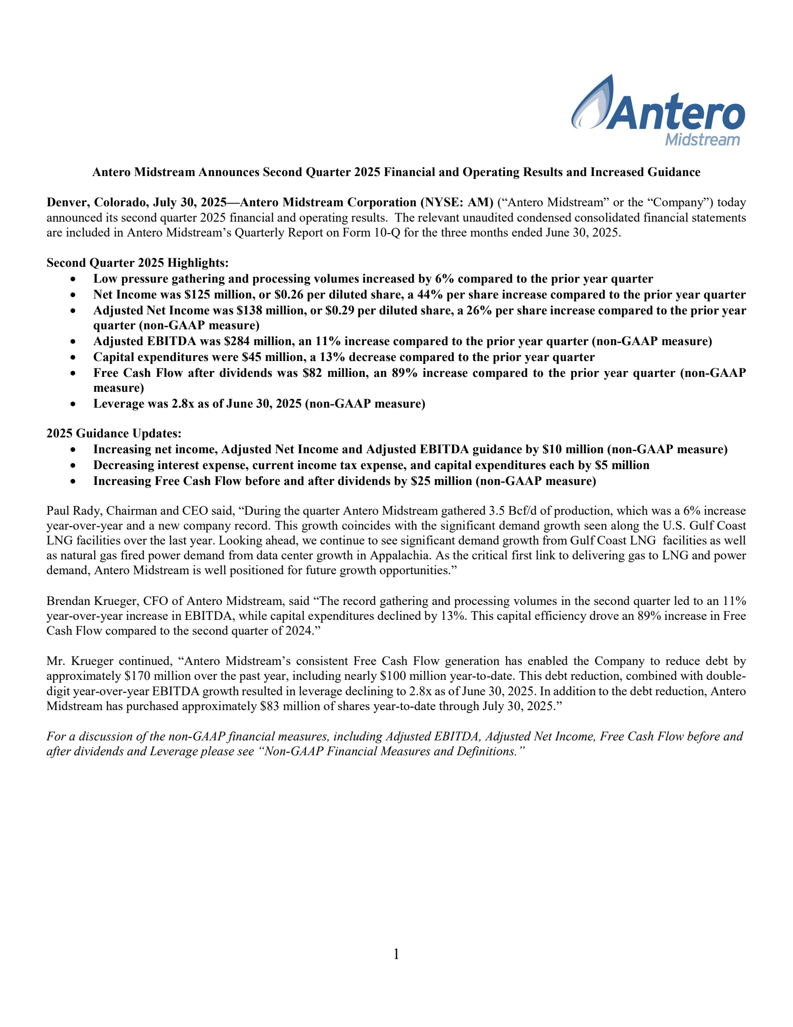 Antero Midstream's Q2 2025 Press Release