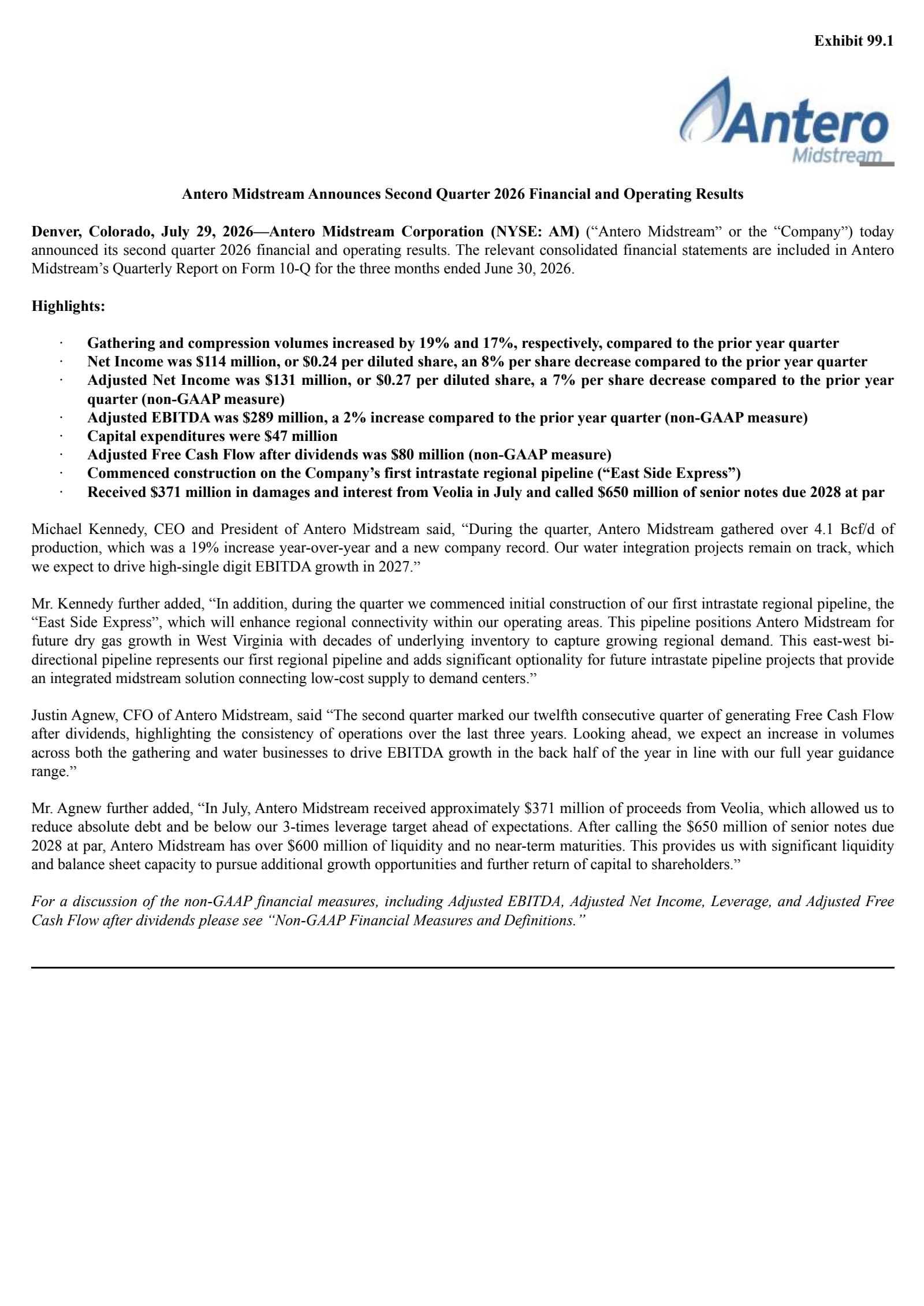 Antero Midstream's Q2 2026 Press Release