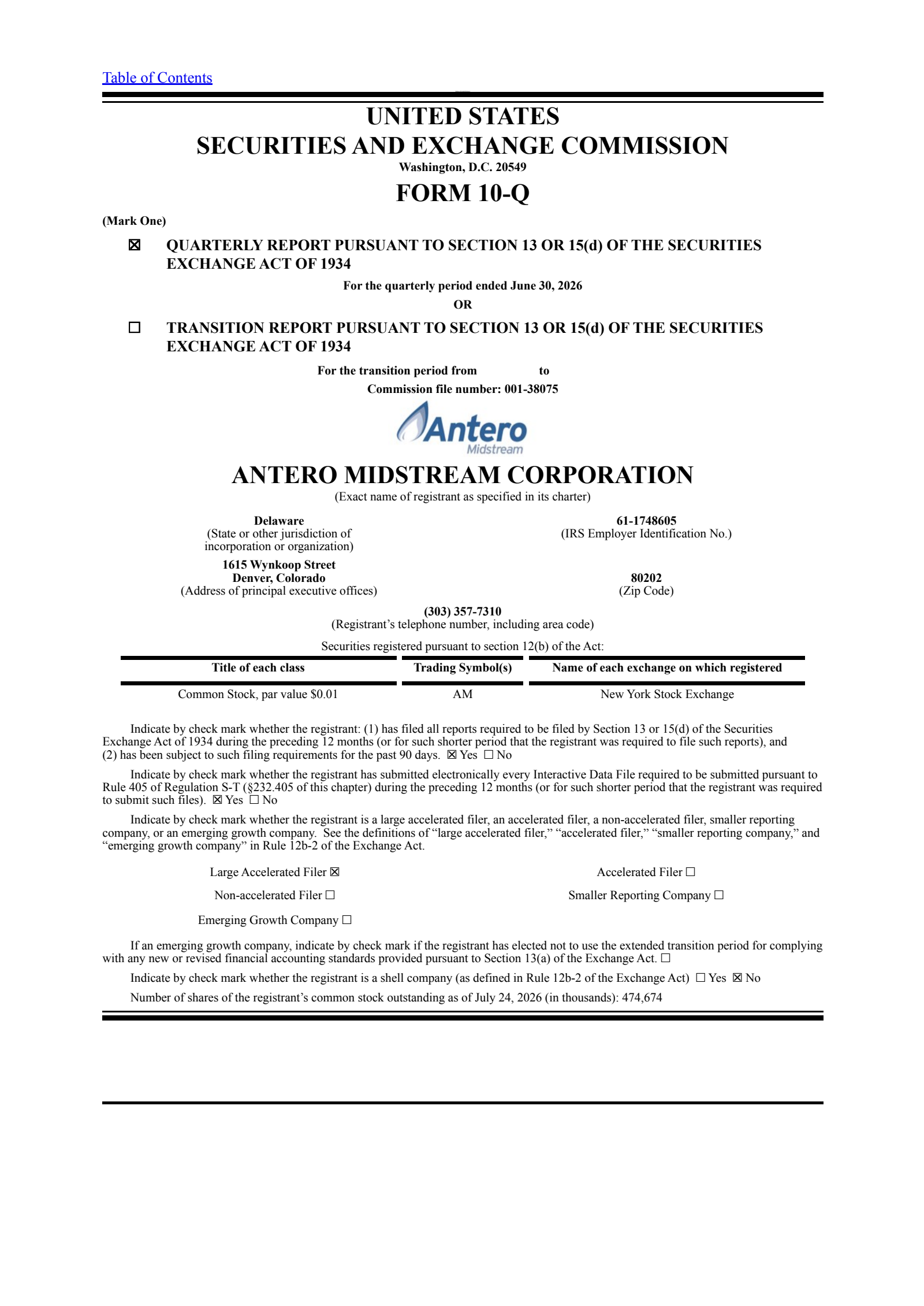 Antero Midstream's Q2 2026 Quarterly report
