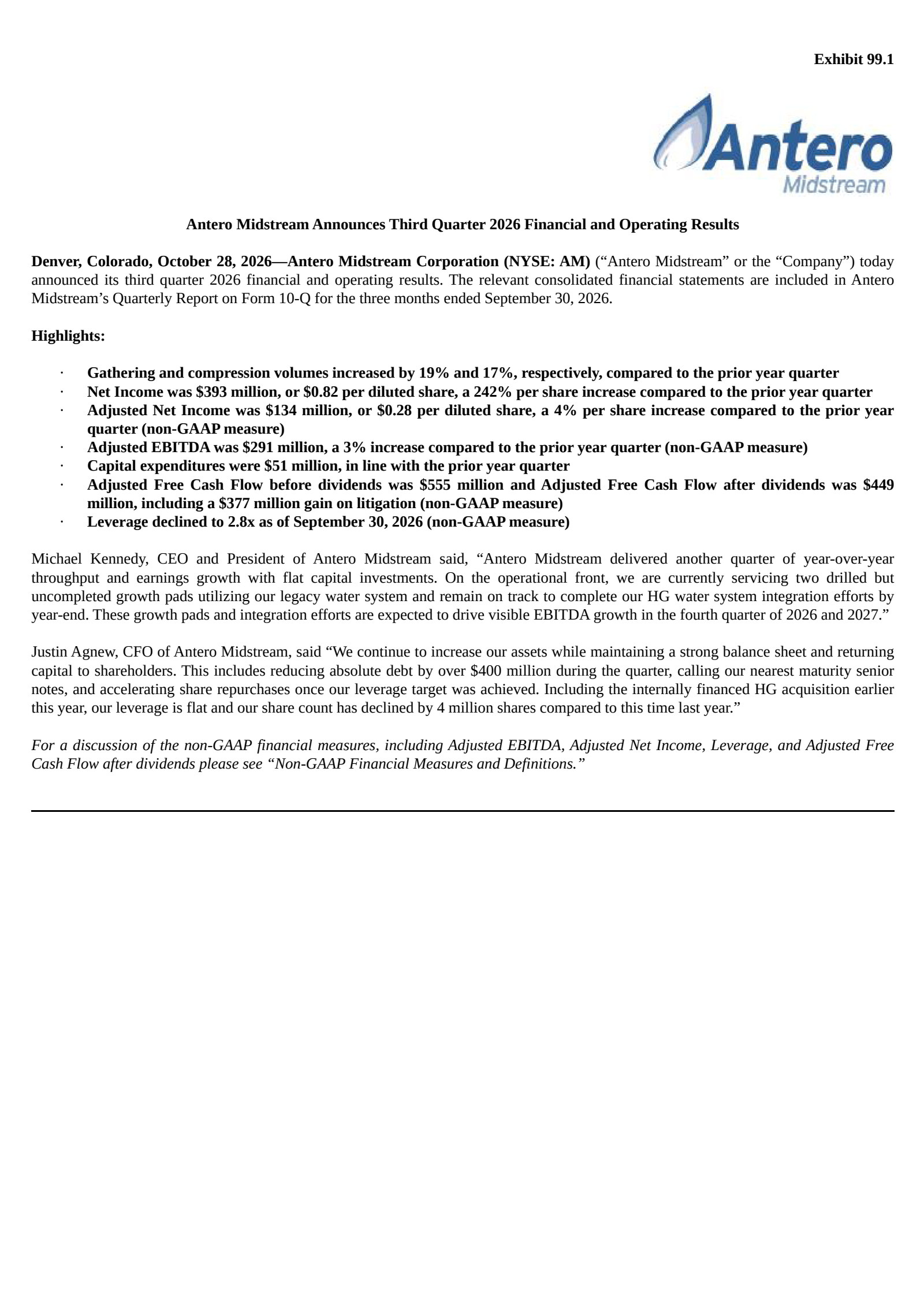 Antero Midstream's Q3 2026 Press Release
