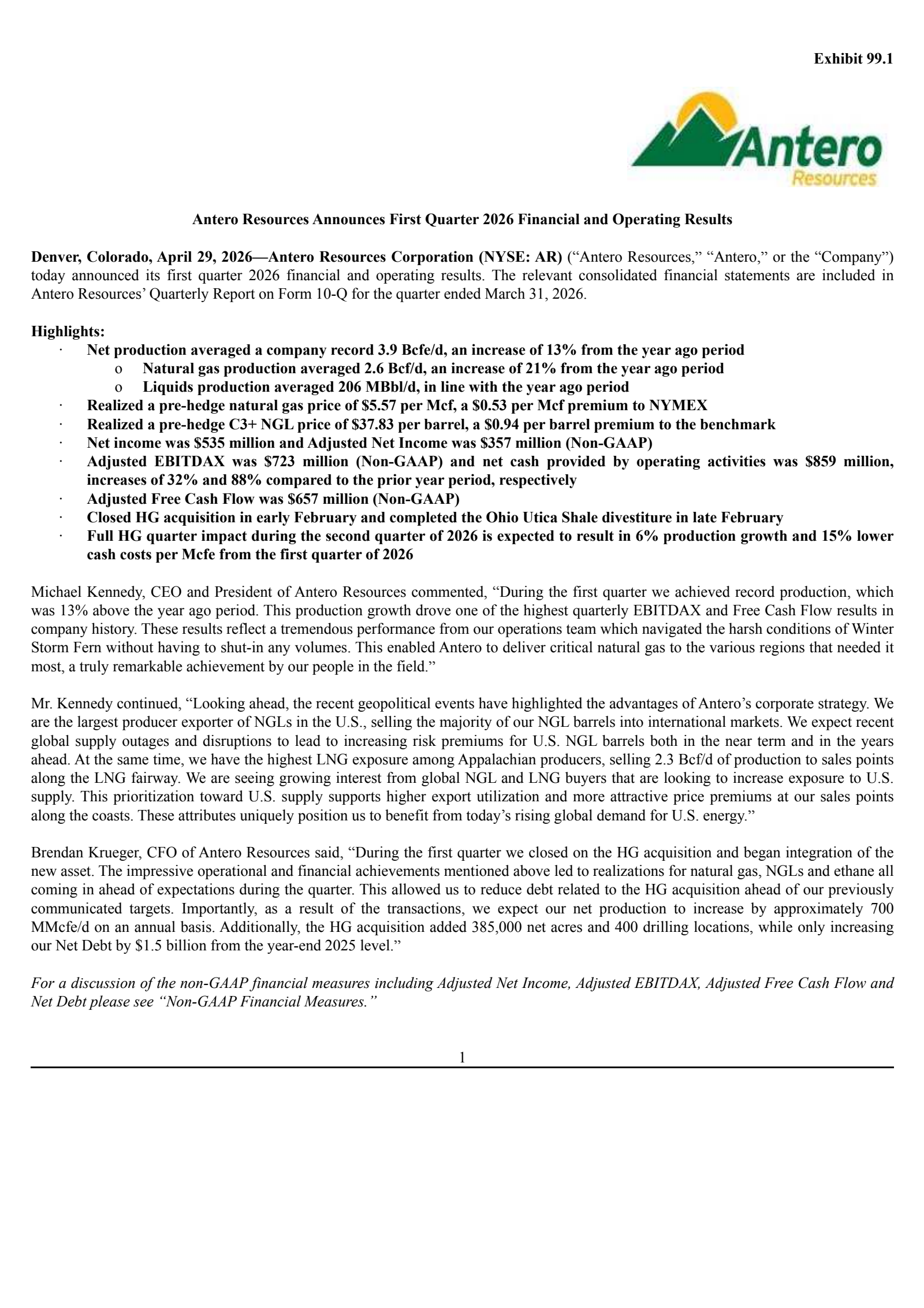 Antero Resources' Q1 2026 Press Release