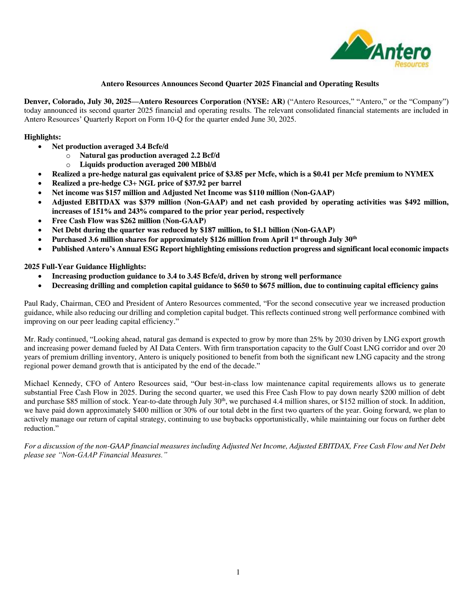 Antero Resources' Q2 2025 Press Release