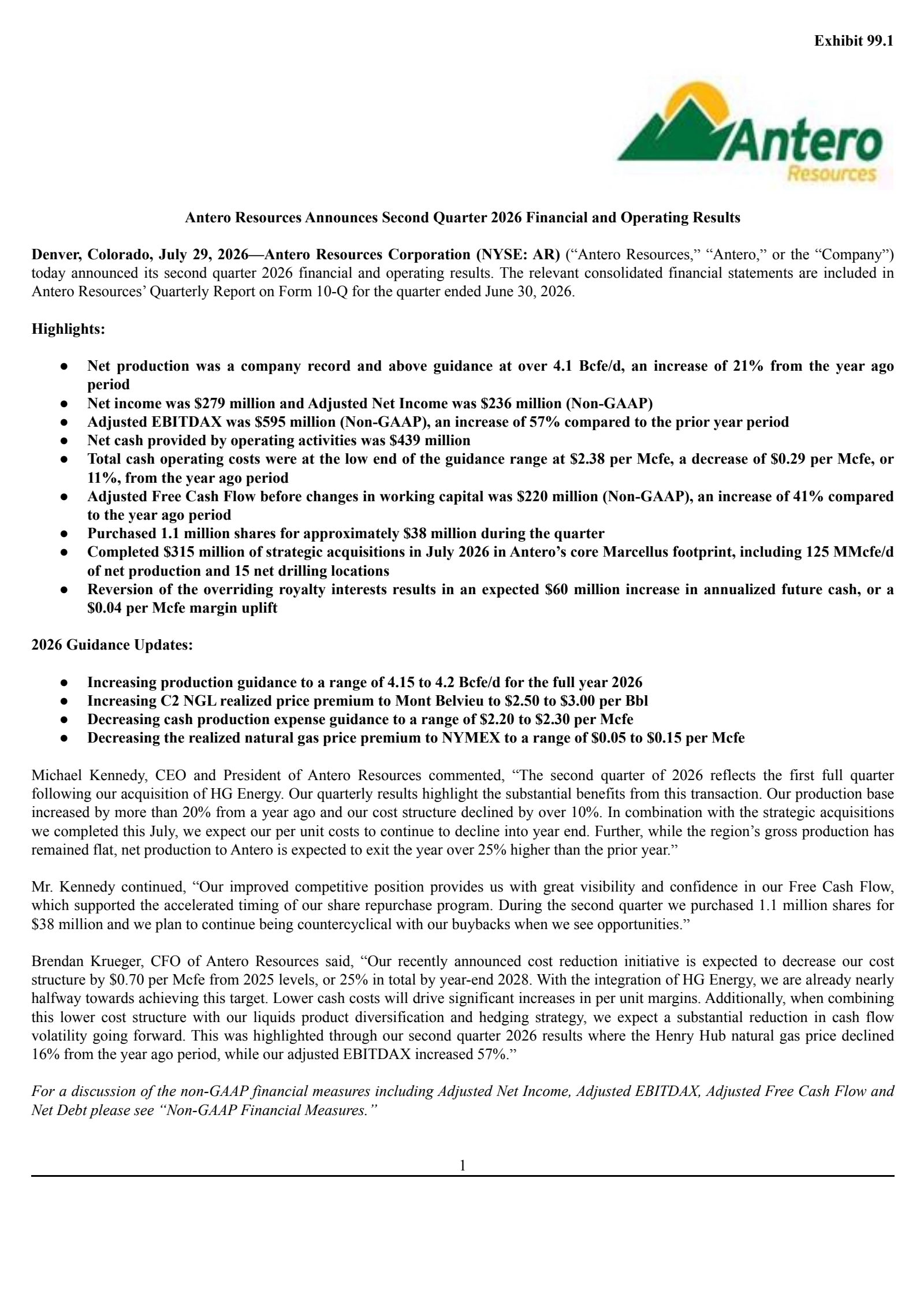 Antero Resources' Q2 2026 Press Release