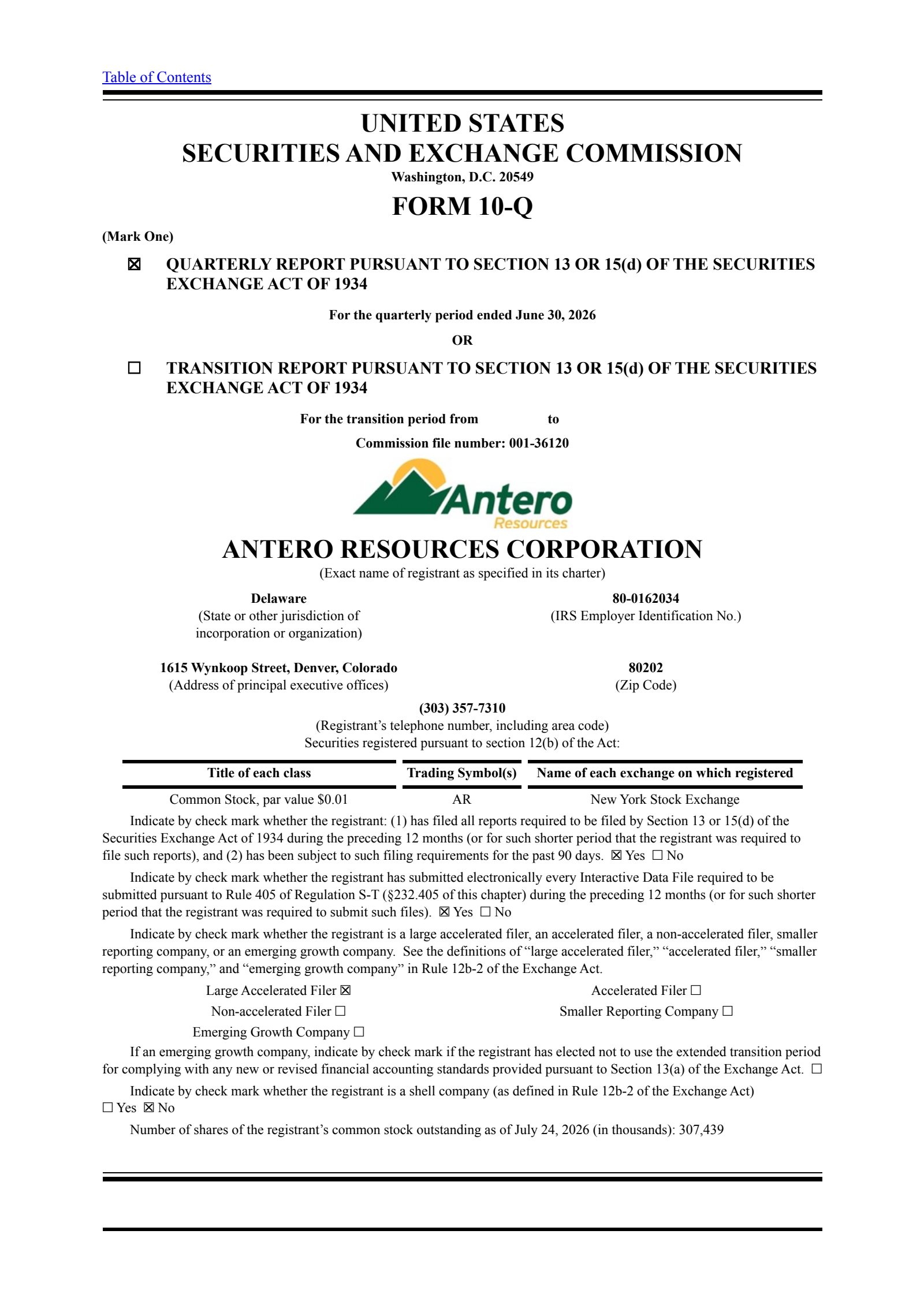 Antero Resources' Q2 2026 Quarterly report