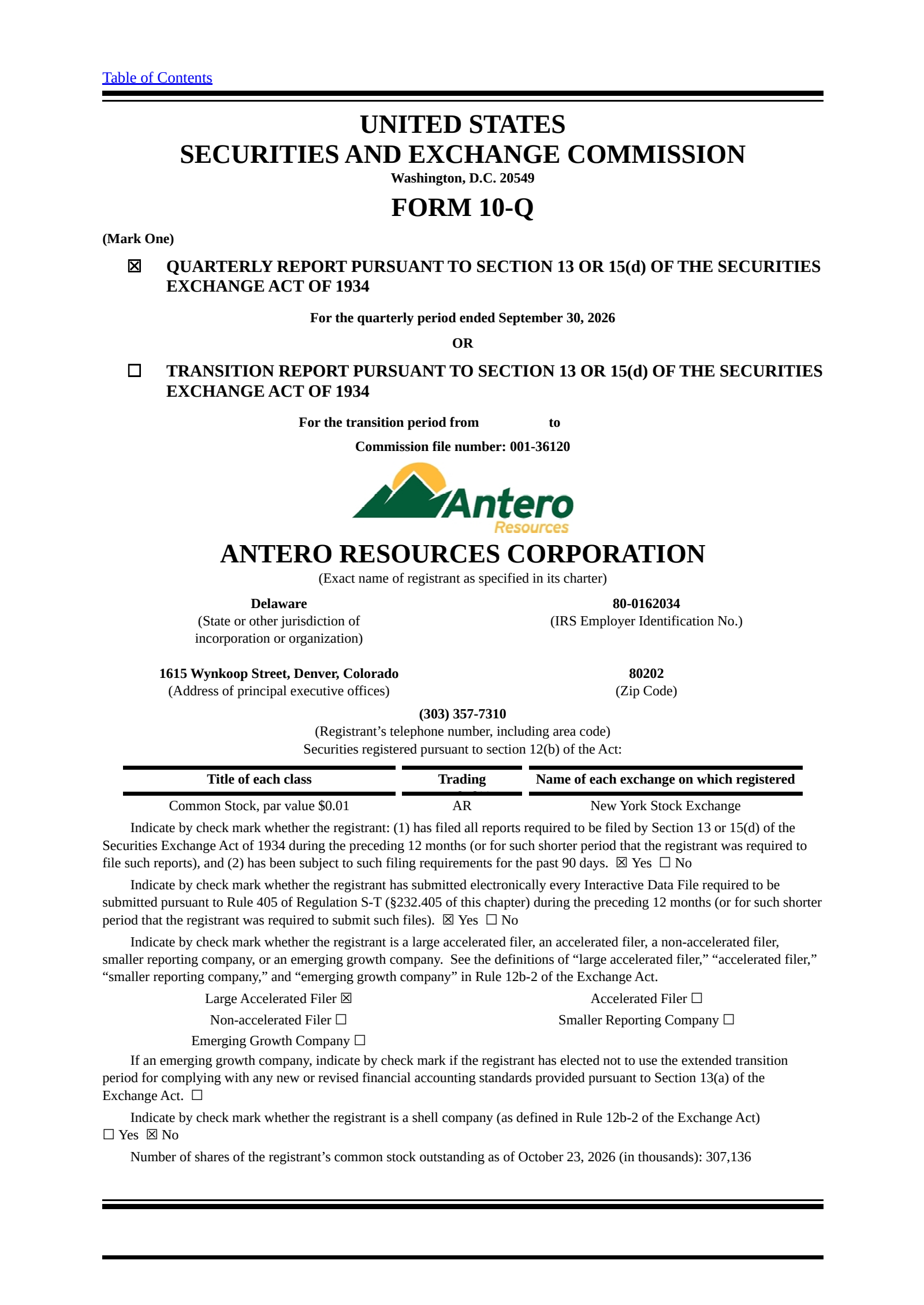 Antero Resources' Q3 2026 Quarterly report