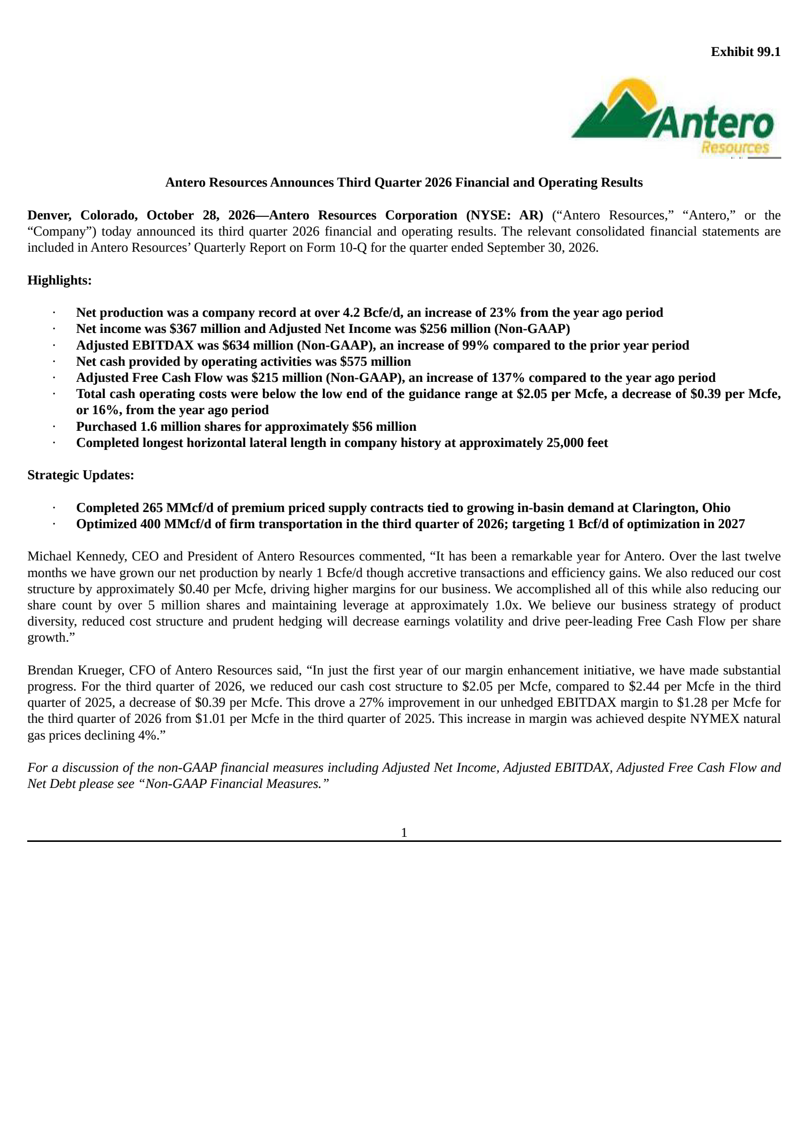 Antero Resources' Q3 2026 Press Release