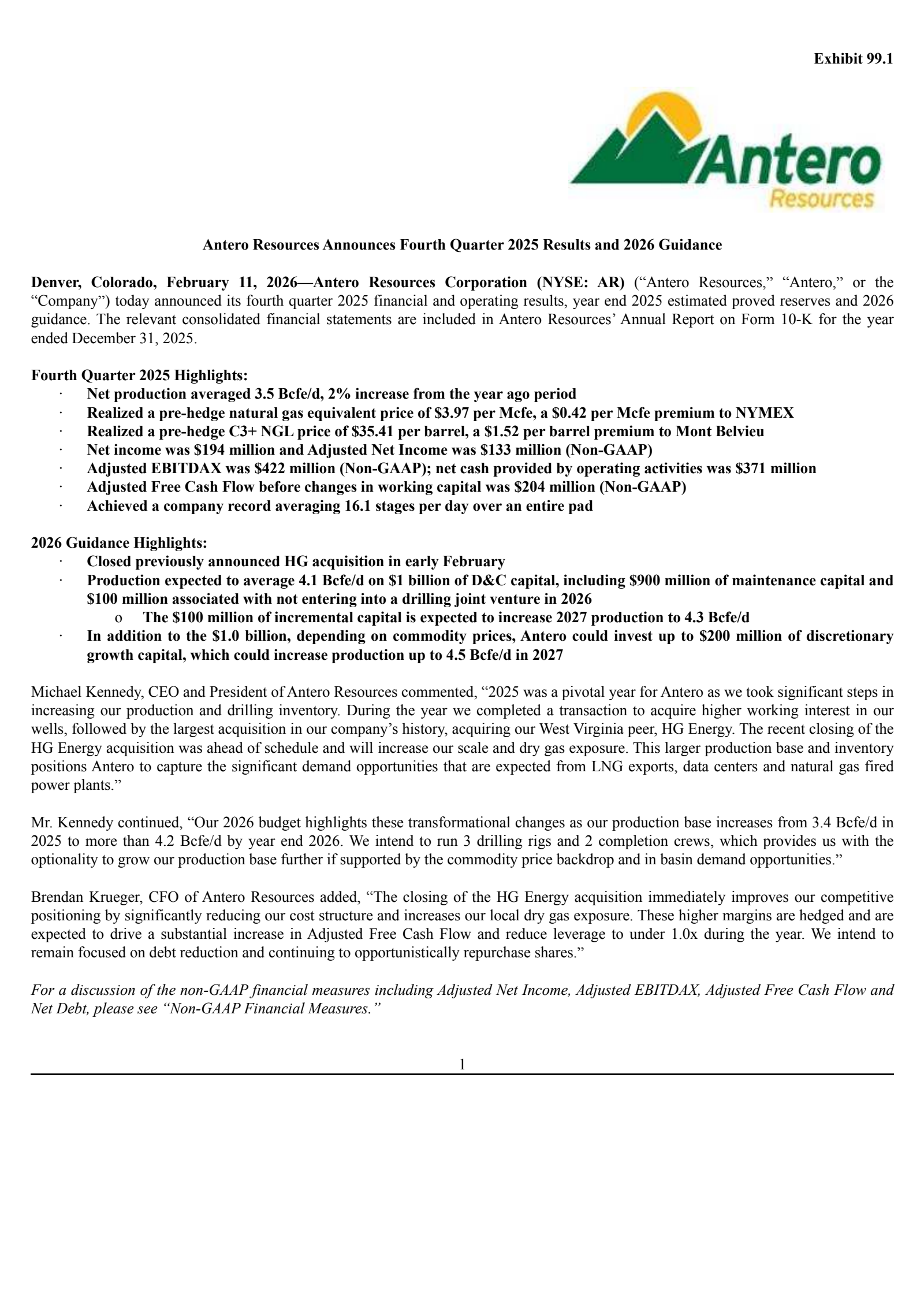 Antero Resources' Q4 2025 Press Release