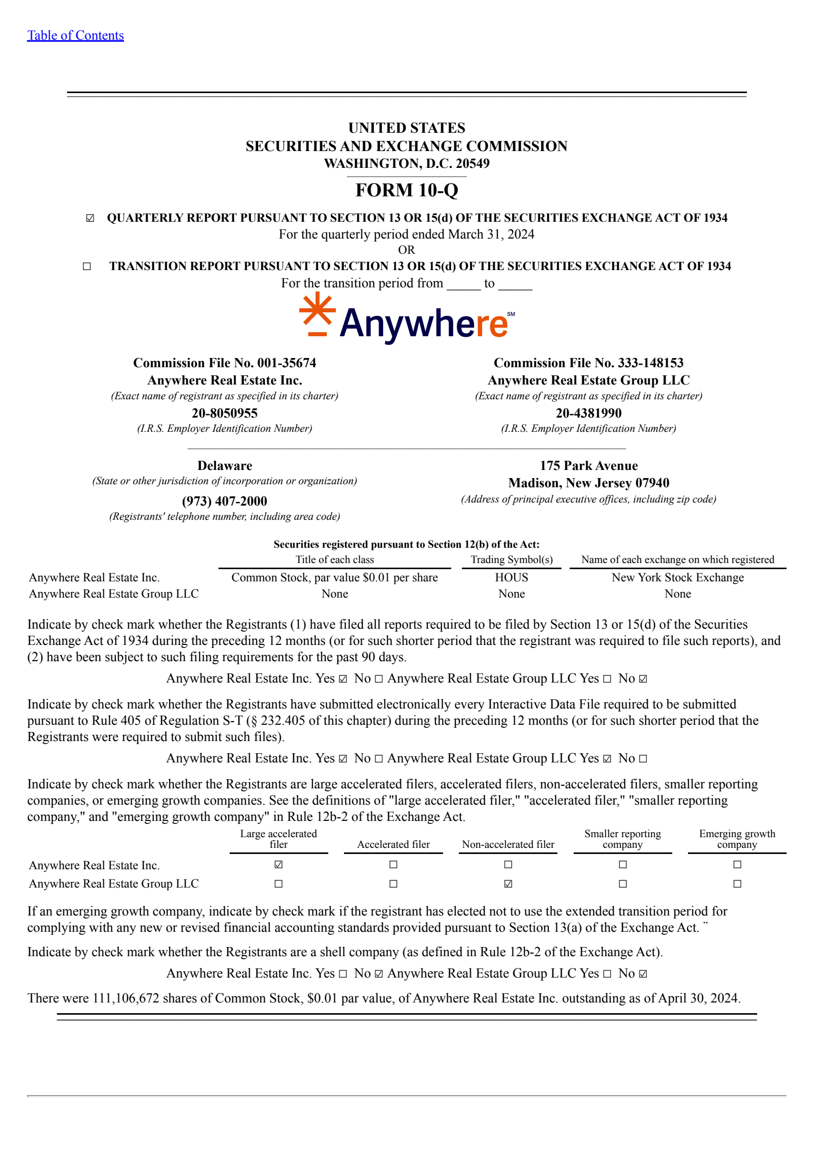 Anywhere Real Estate's Q1 2024 Quarterly report