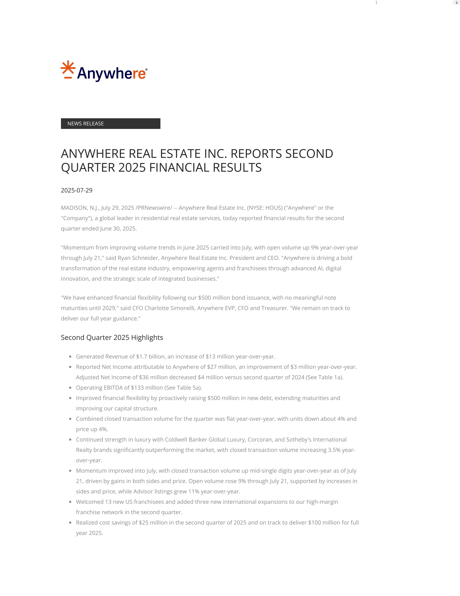 Anywhere Real Estate's Q2 2025 Press Release