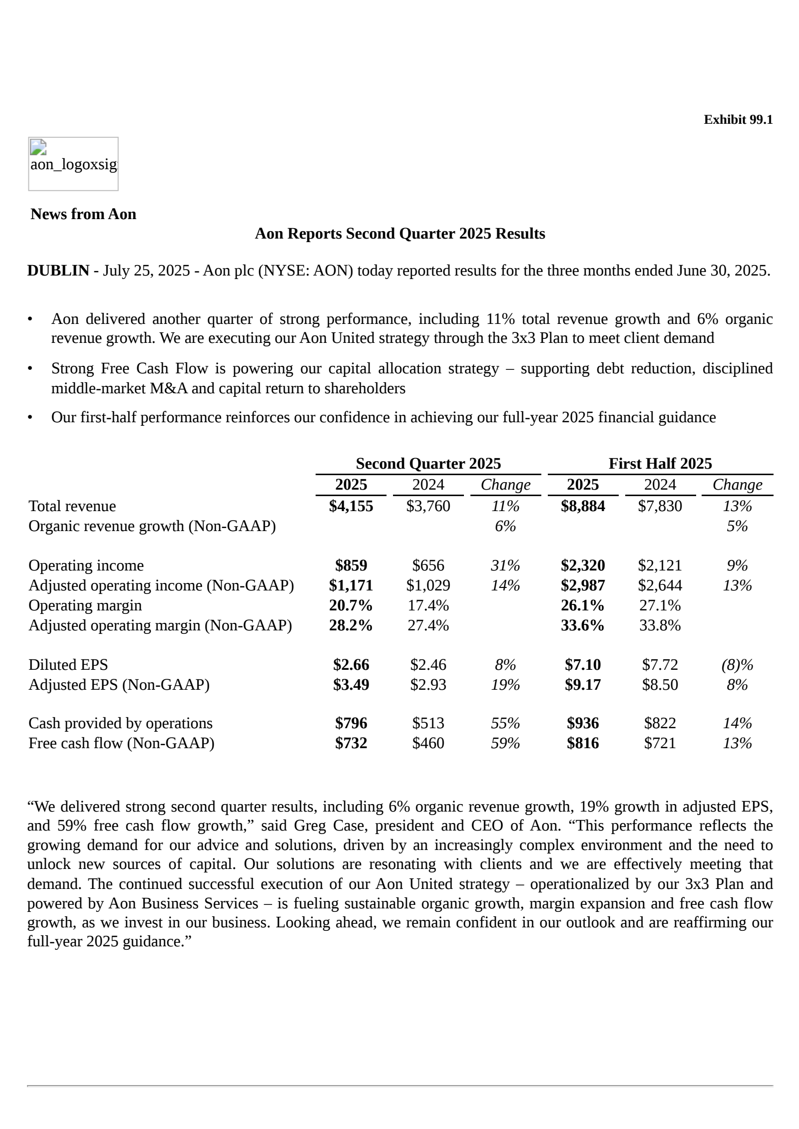AON's Q2 2025 Press Release
