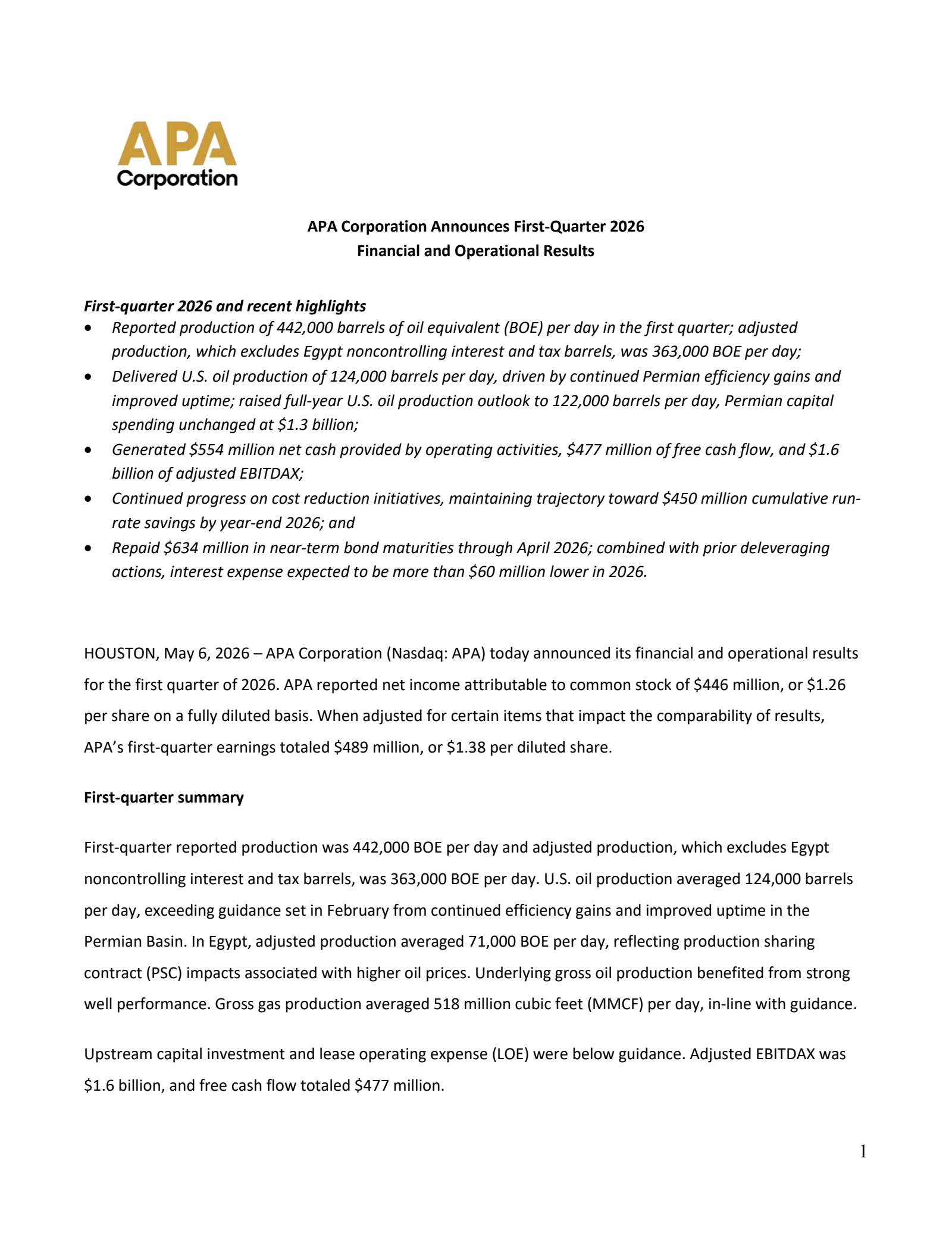 APA's Q1 2026 Press Release