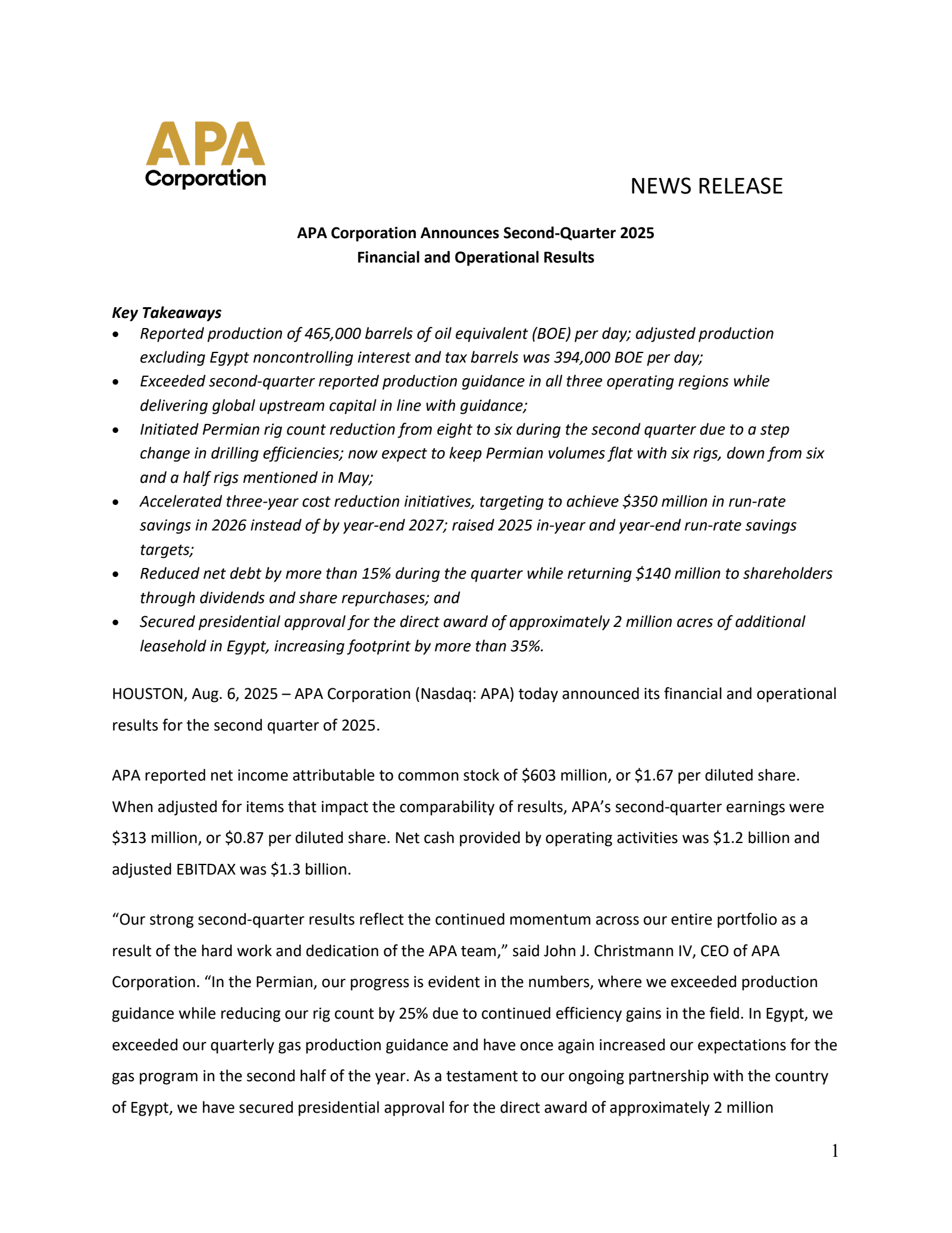 APA's Q2 2025 Press Release
