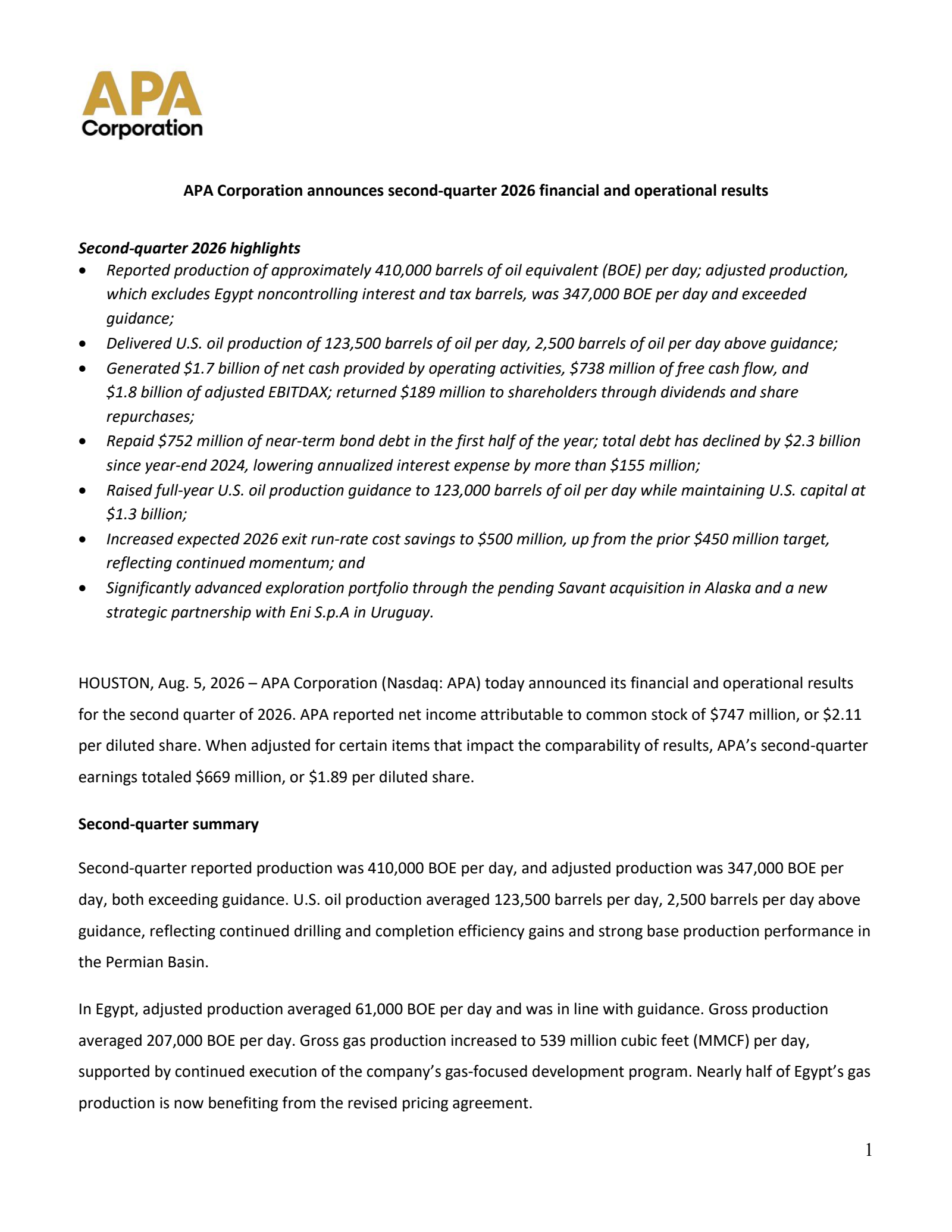 APA's Q2 2026 Press Release