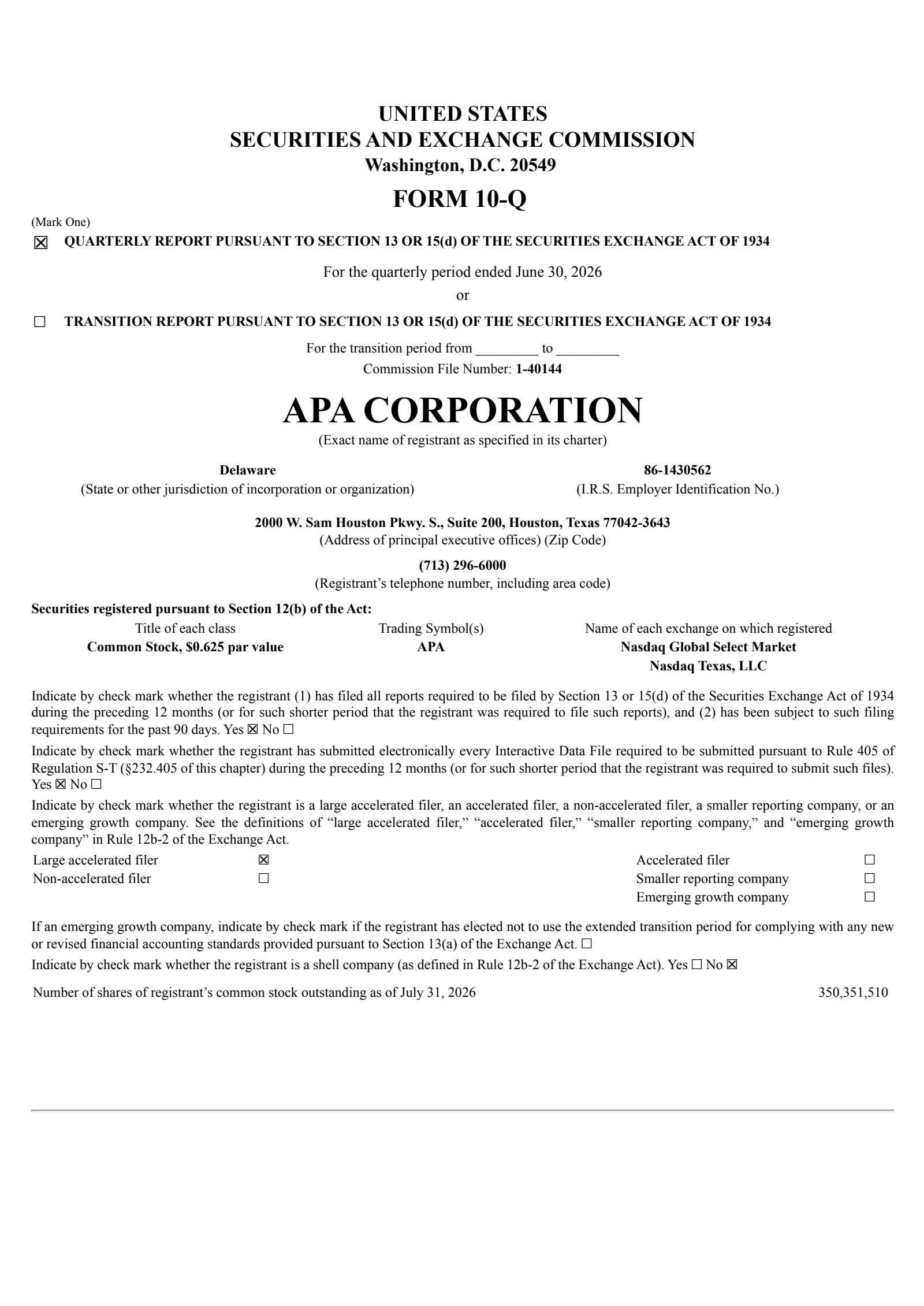 APA's Q2 2026 Quarterly report
