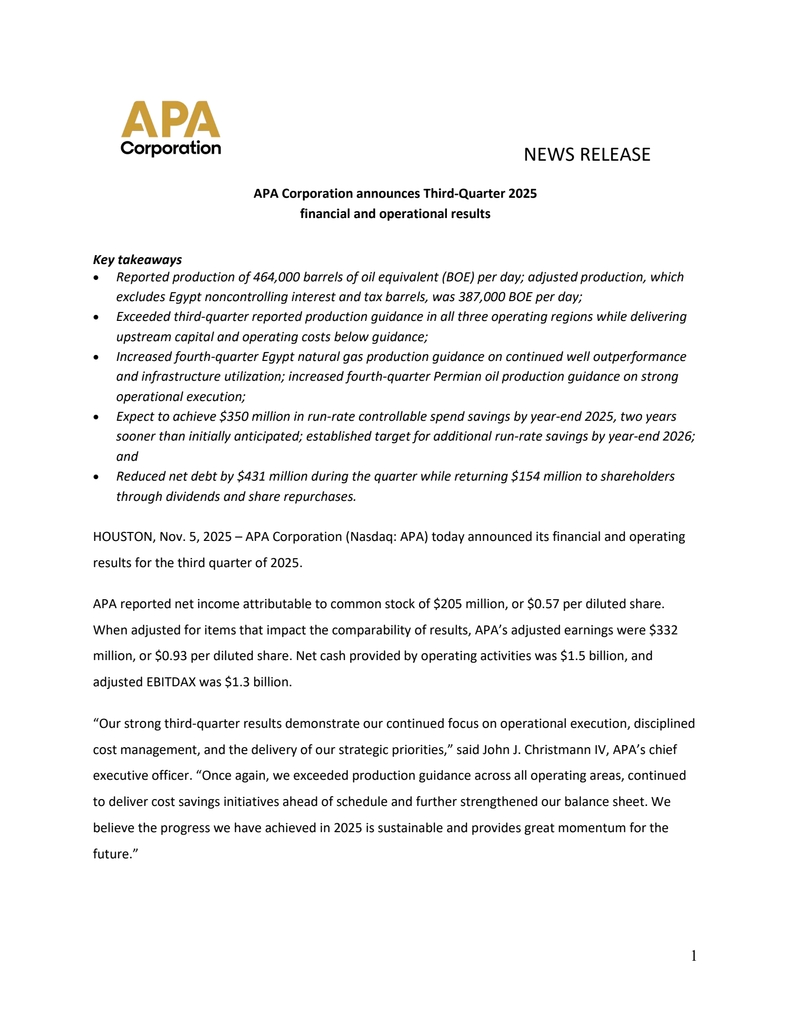 APA's Q3 2025 Earnings Release
