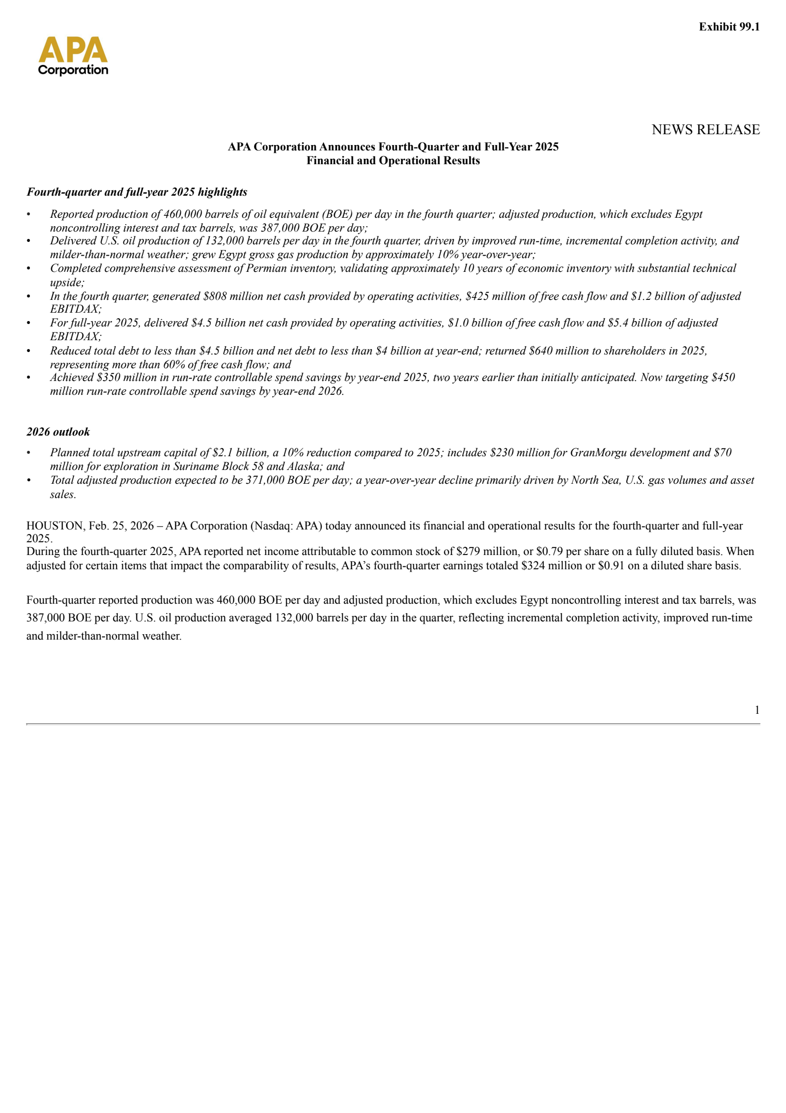 APA's Q4 2025 Press Release