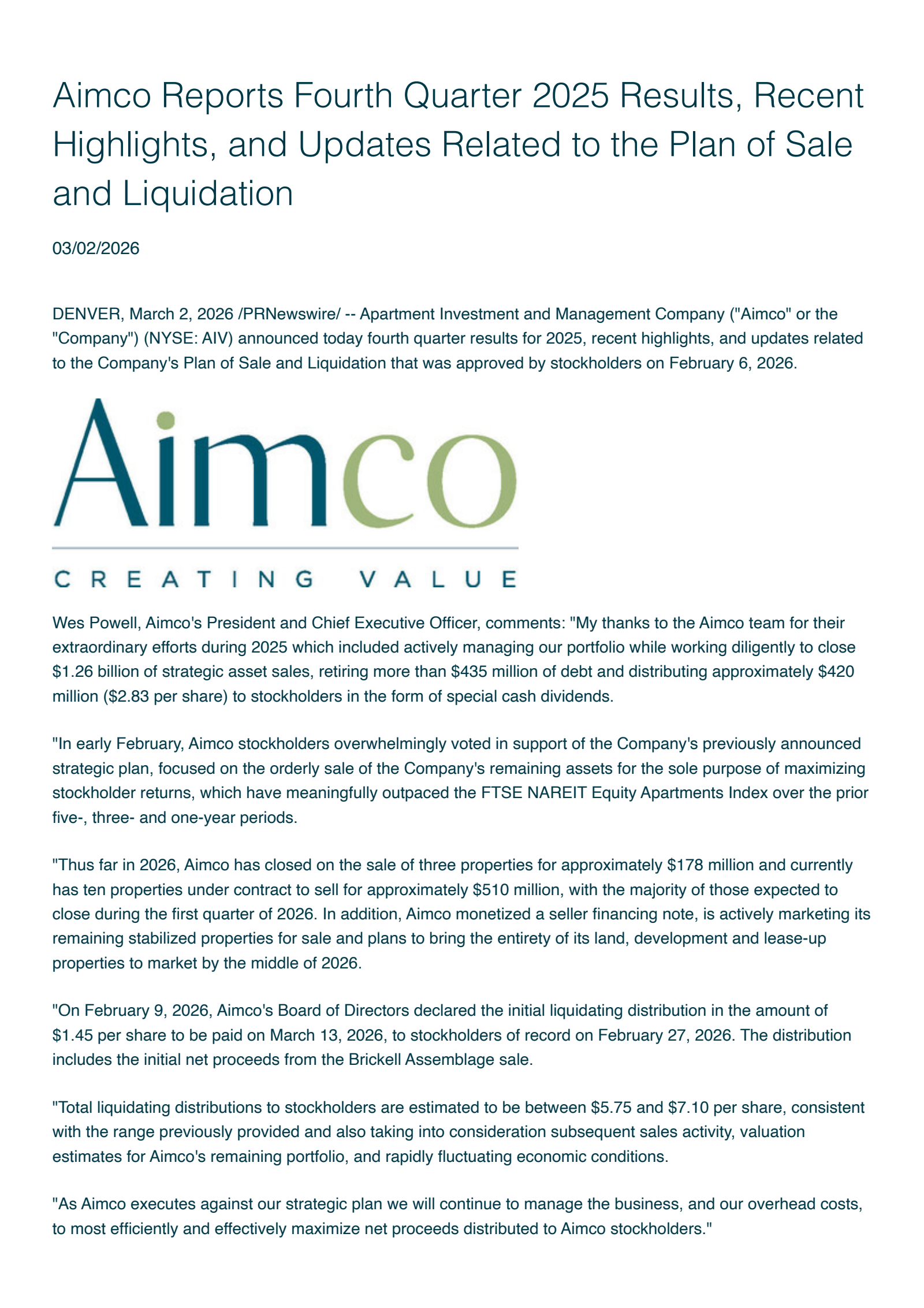 Apartment Investment and Management's Q4 2025 Press Release